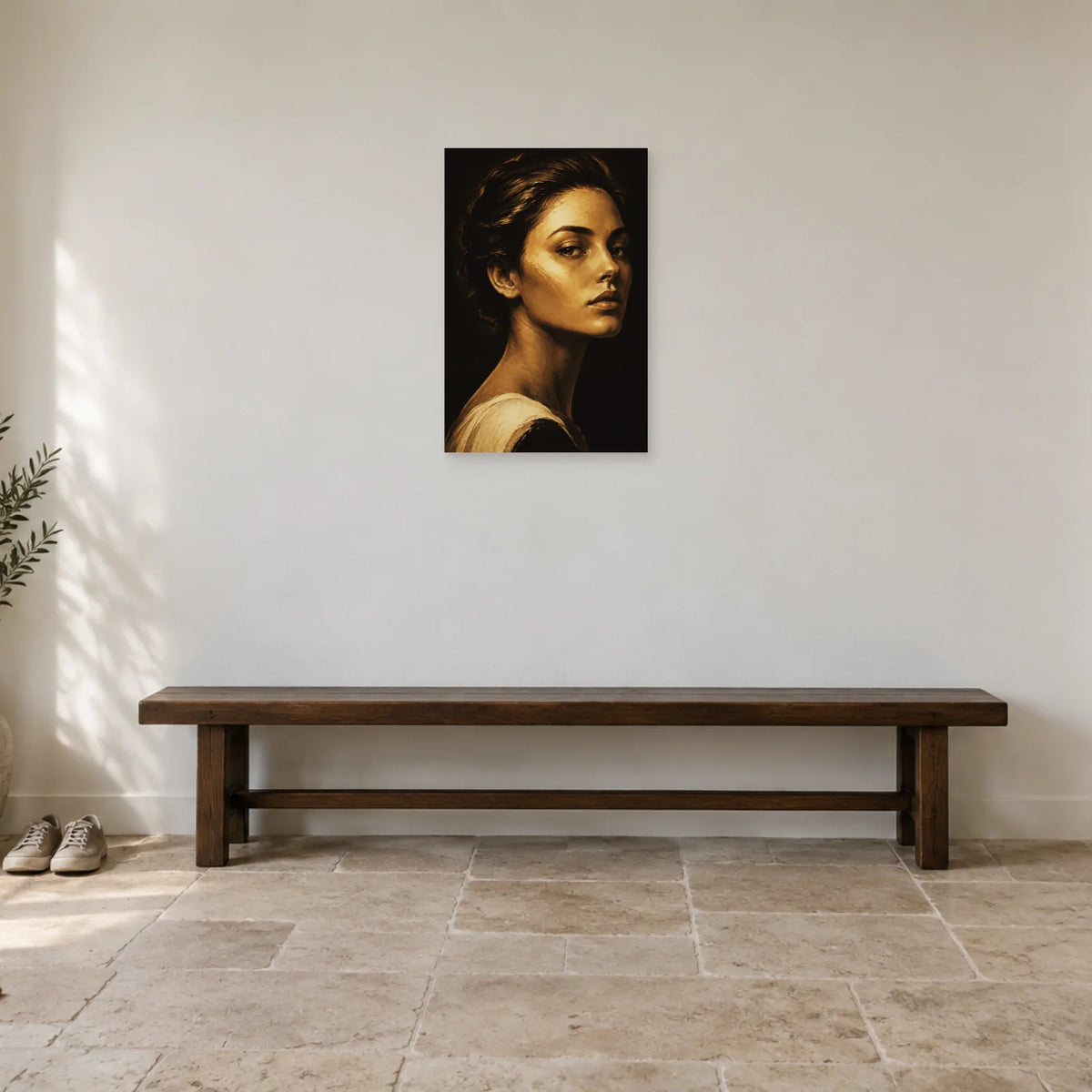 Affiche Visage noir et or, lumière précieuse dans une entrée ou un couloir - Art Virtuoso