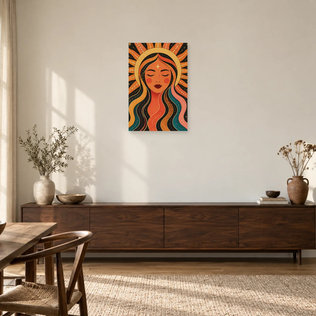 Affiche Visage solaire terracotta dans une entrée ou un couloir - Art Virtuoso