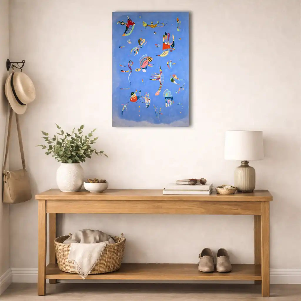 bleu libellule tableau abstrait sur toile bleu lumineux formes organiques colorées texture de toile visible mockup entrée