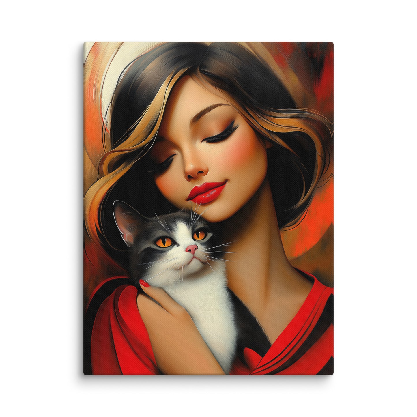 Tableau Femme avec Chat - Complicité en Rouge Affiches, reproductions et œuvres graphiques Art Virtuoso S