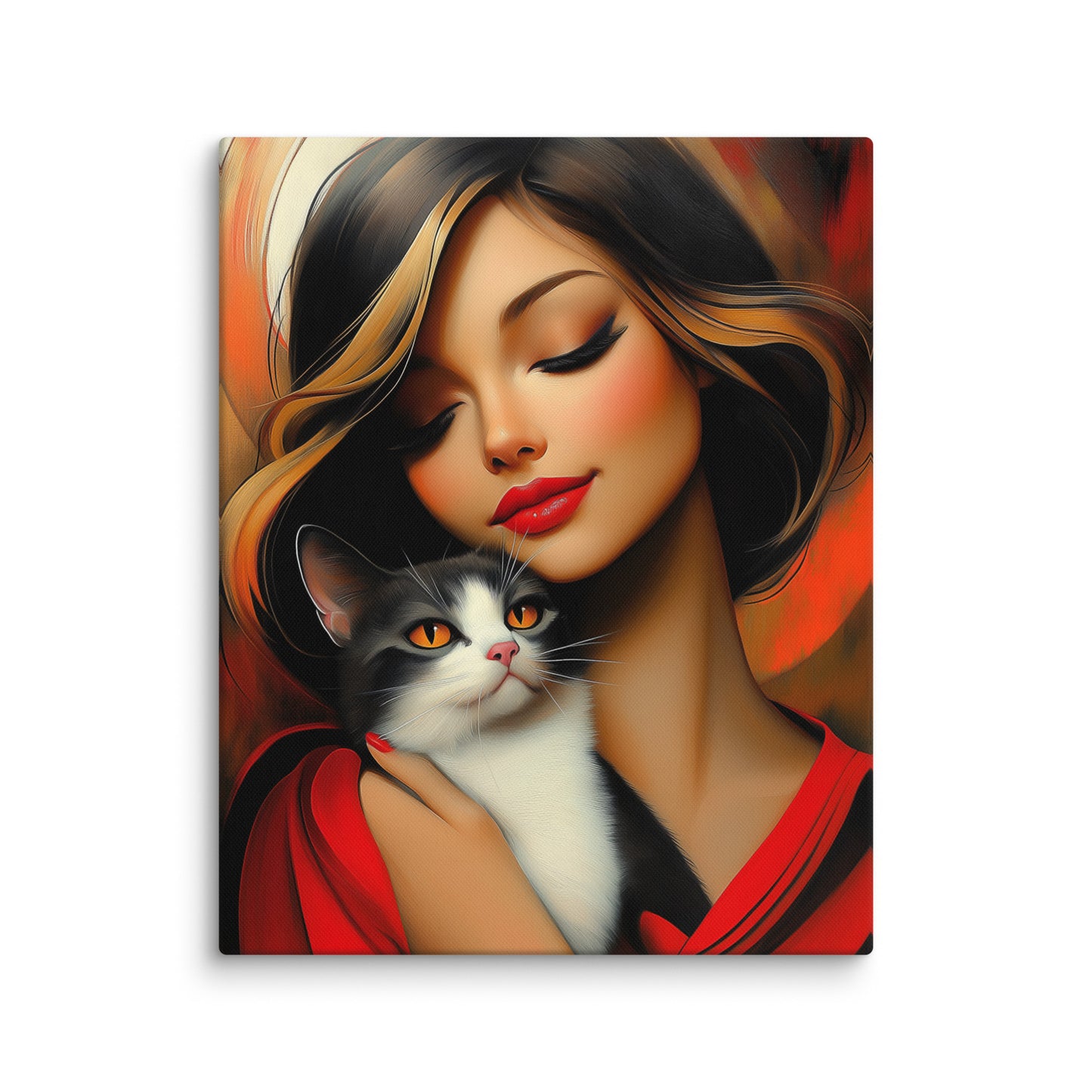 Tableau Femme avec Chat - Complicité en Rouge Affiches, reproductions et œuvres graphiques Art Virtuoso M