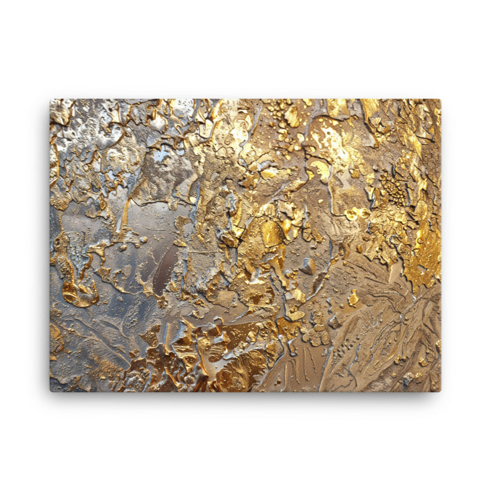 tableau abstrait or gros plan texture empâtement relief métallique doré et nuances grises toile premium