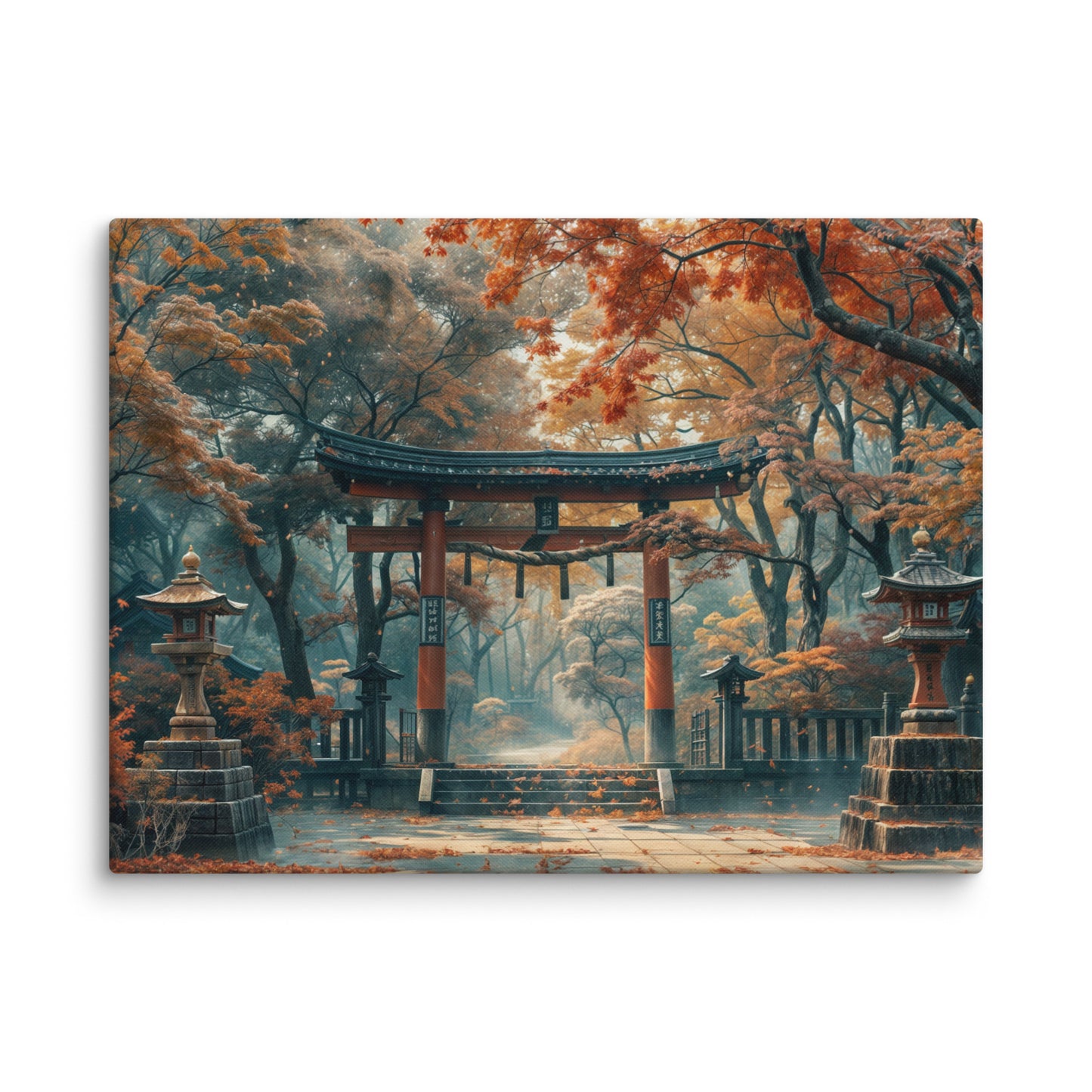 tableau torii rouge automne style japonais mockup détail texture premium gros plan