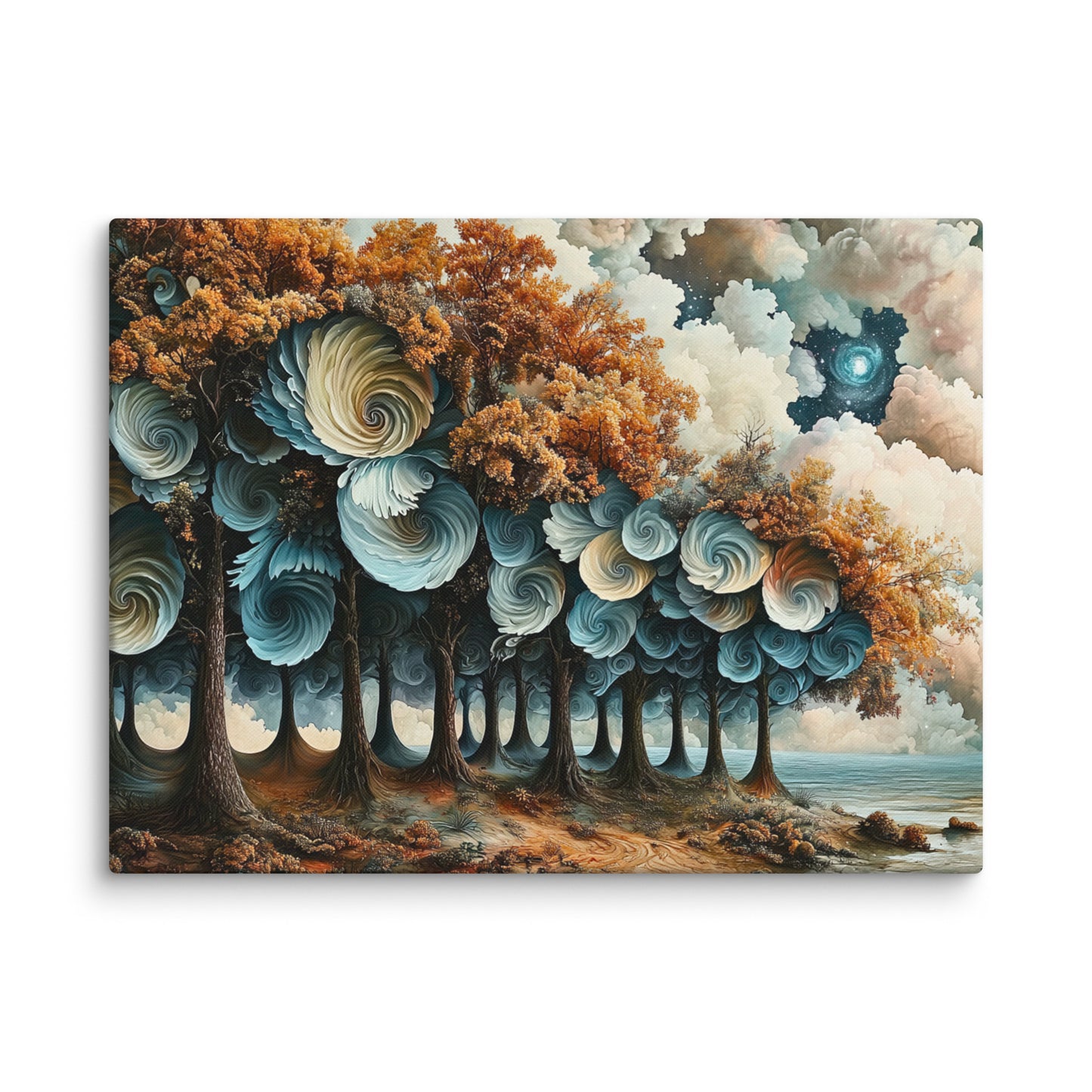 peinture surréaliste détail toile texture premium arbres marron feuillage orange spirales turquoise nuages oniriques