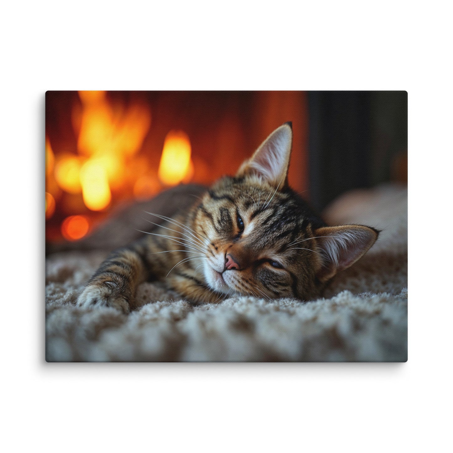 le chat tableau contemporain zoom texture toile tigré allongé sur tapis moelleux lueur orangée du feu