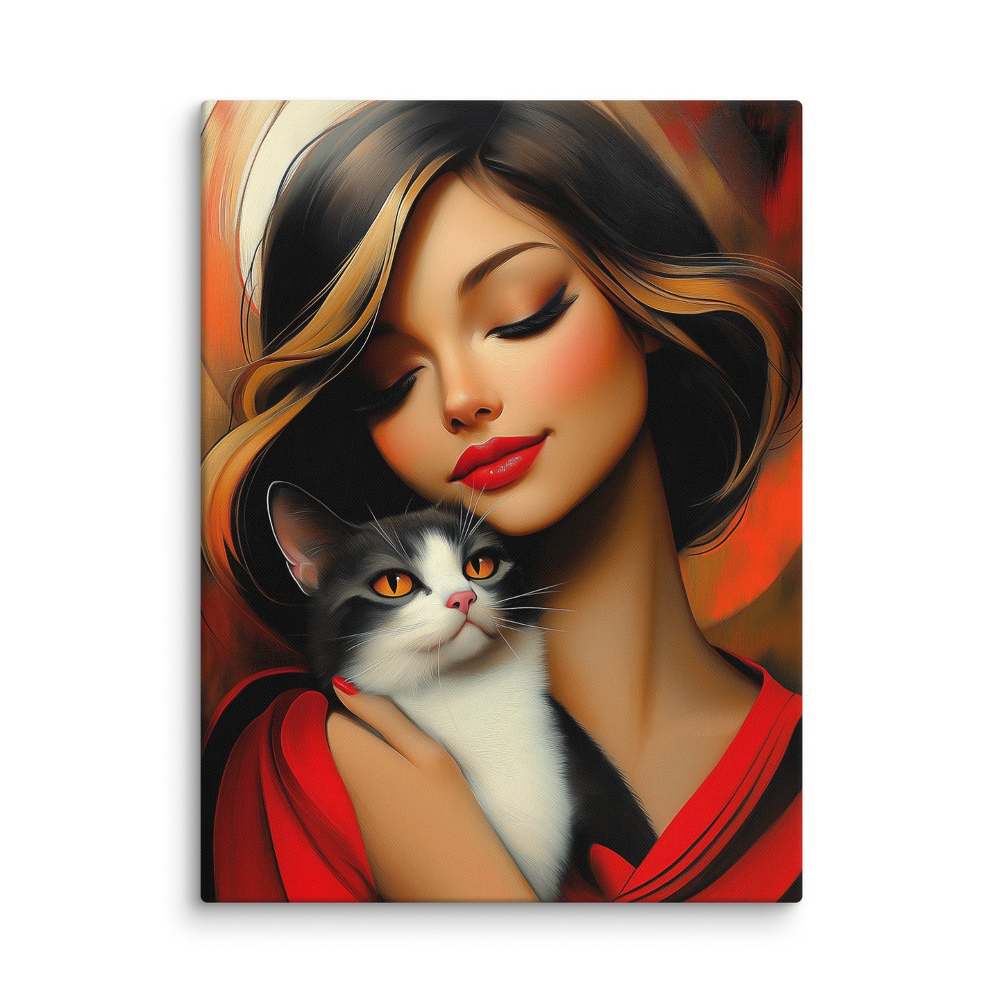 Tableau Femme avec Chat - Complicité en Rouge Affiches, reproductions et œuvres graphiques Art Virtuoso L