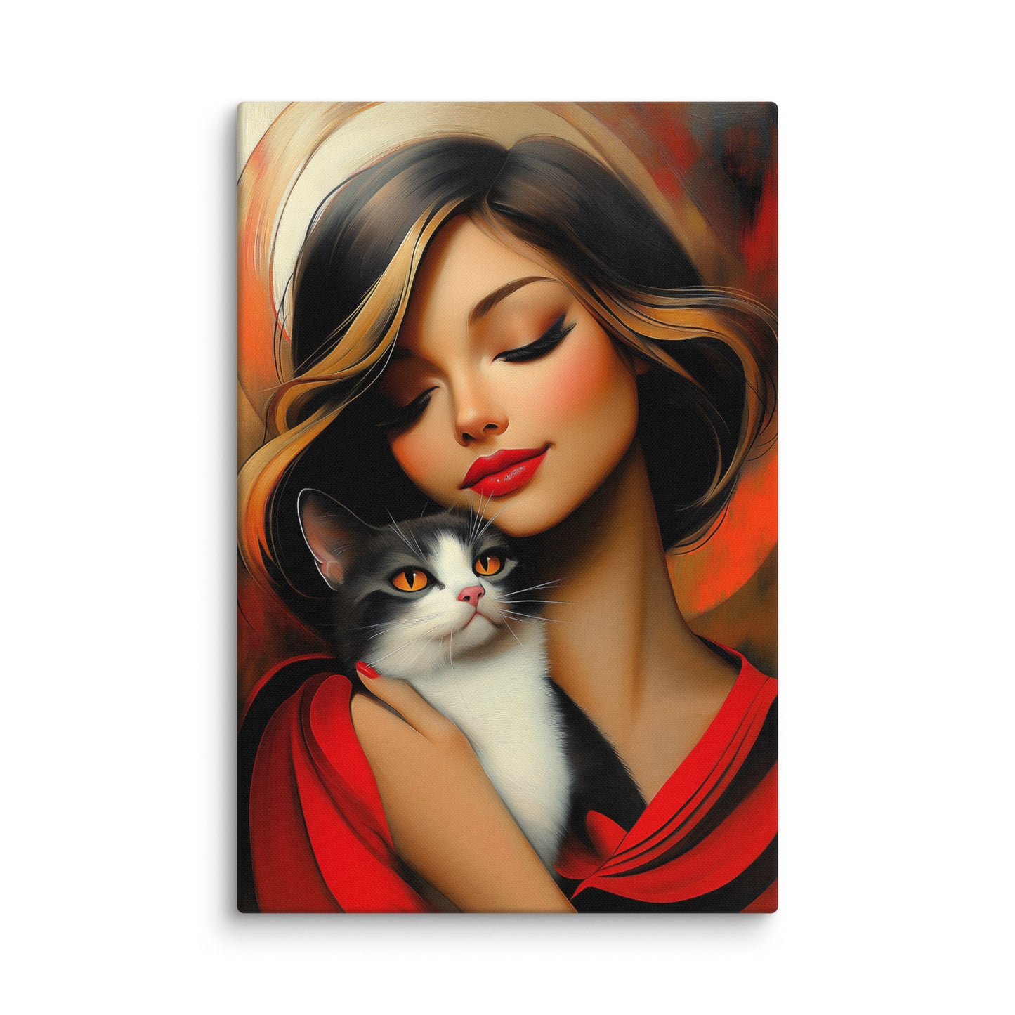 Tableau Femme avec Chat - Complicité en Rouge Affiches, reproductions et œuvres graphiques Art Virtuoso XL