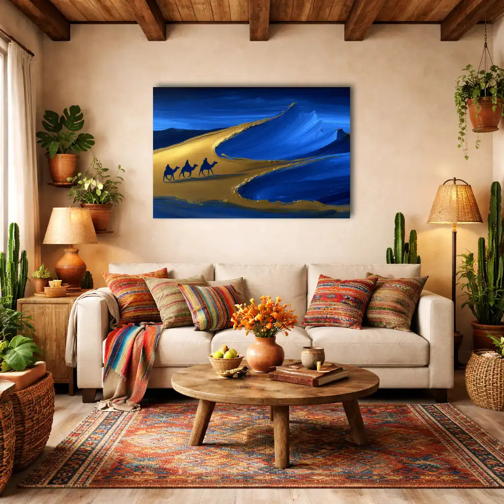Afrikanische Wohnzimmer-Leinwand – Indigo-Karawane – Wandbild