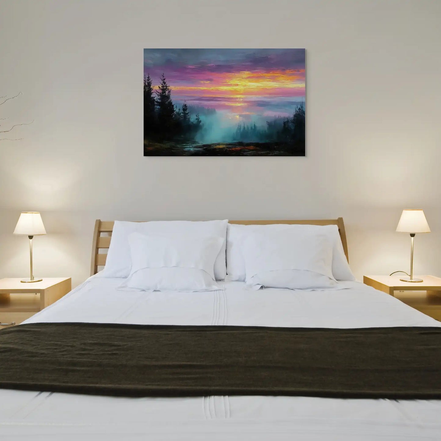 Grand Tableau Coucher de Soleil : Forêt Mystique