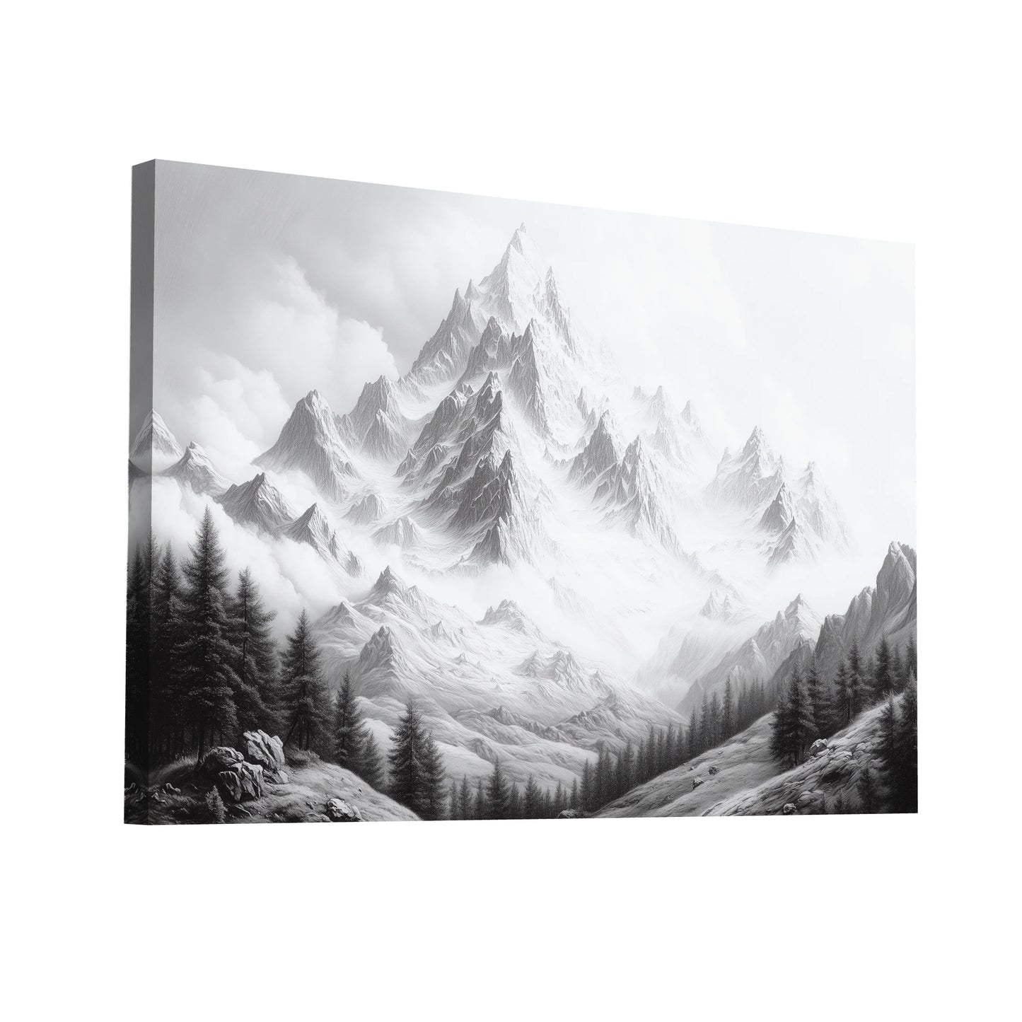 Product Hero 3D WebP Toile Montagne - Dessin en Noir et Blanc - Art Virtuoso