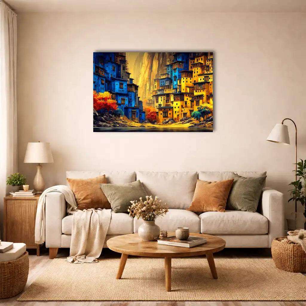 Peinture Paysage Africain - Village au Bord du Canyon