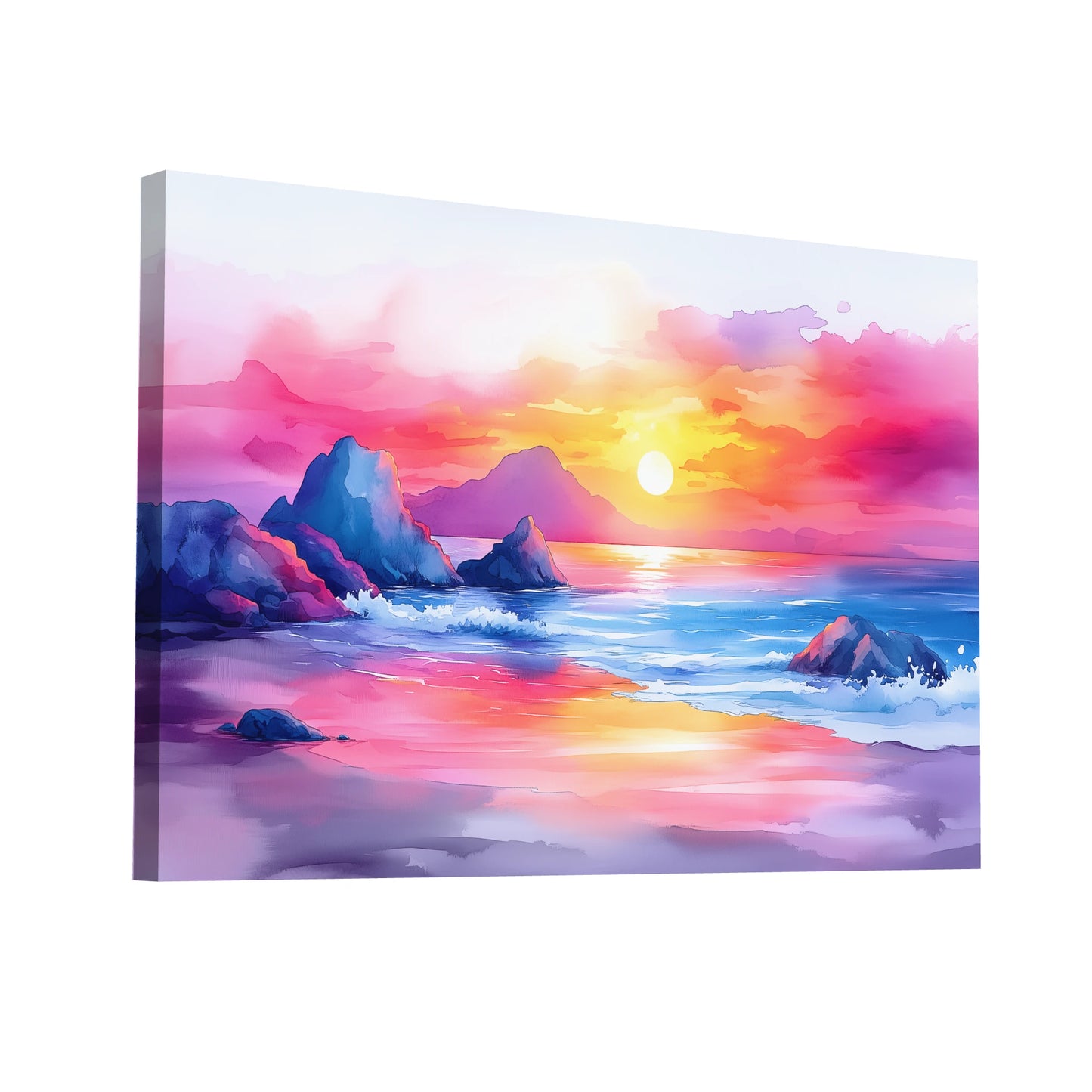 Product Hero 3D WebP Peinture Aquarelle Plage – Coucher de Soleil Éclatant - Art Virtuoso