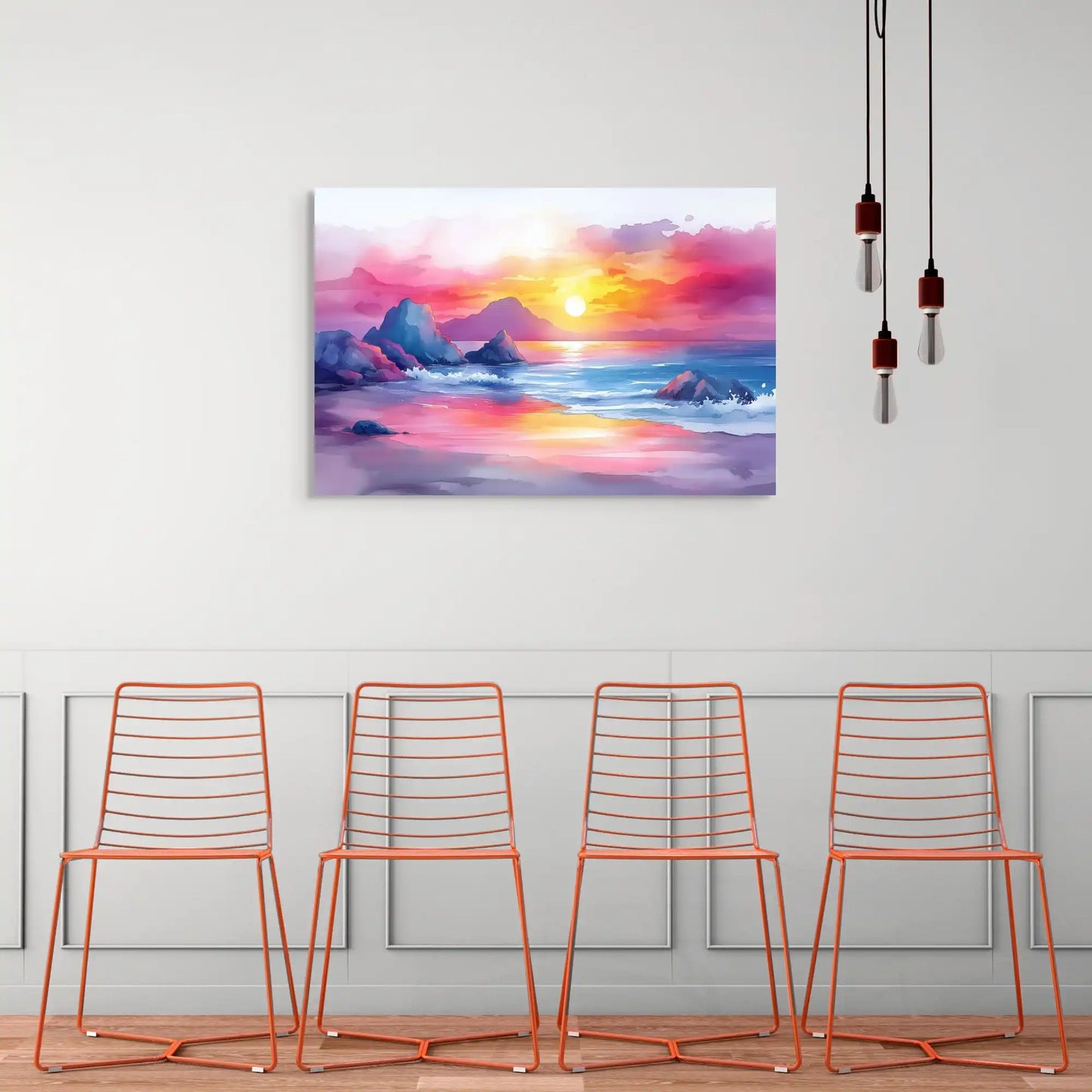 Peinture Aquarelle Plage – Coucher de Soleil Éclatant Affiches, reproductions et œuvres graphiques Art Virtuoso