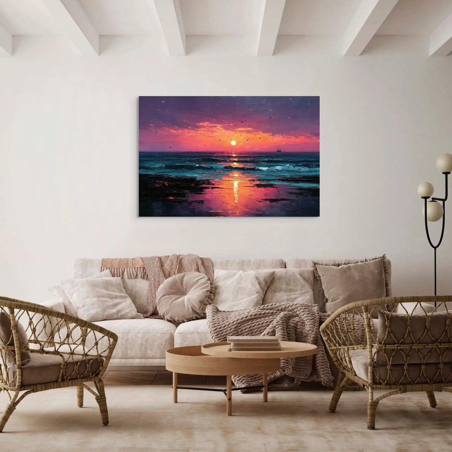 Peinture Coucher de Soleil sur la Plage : Horizons Pourprés