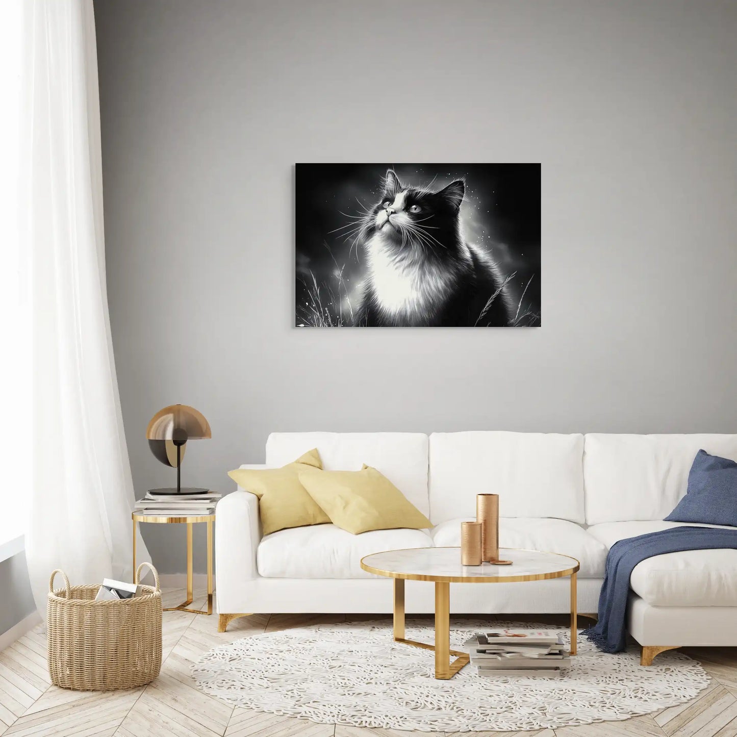 Tableau Peinture Chat Noir et Blanc - Rêverie Nocturne Affiches, reproductions et œuvres graphiques Art Virtuoso