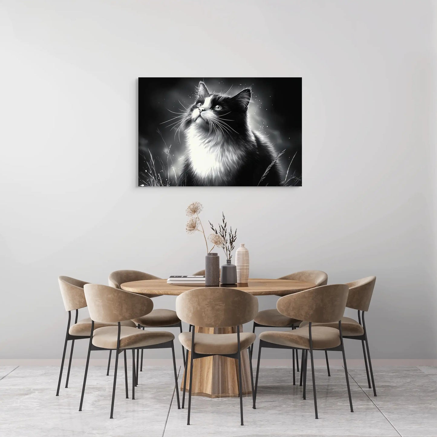 Tableau Peinture Chat Noir et Blanc - Rêverie Nocturne Affiches, reproductions et œuvres graphiques Art Virtuoso