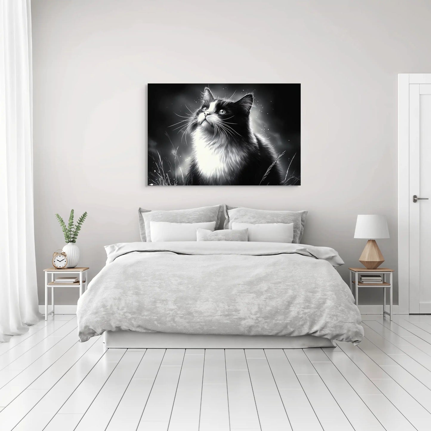 Tableau Peinture Chat Noir et Blanc - Rêverie Nocturne Affiches, reproductions et œuvres graphiques Art Virtuoso