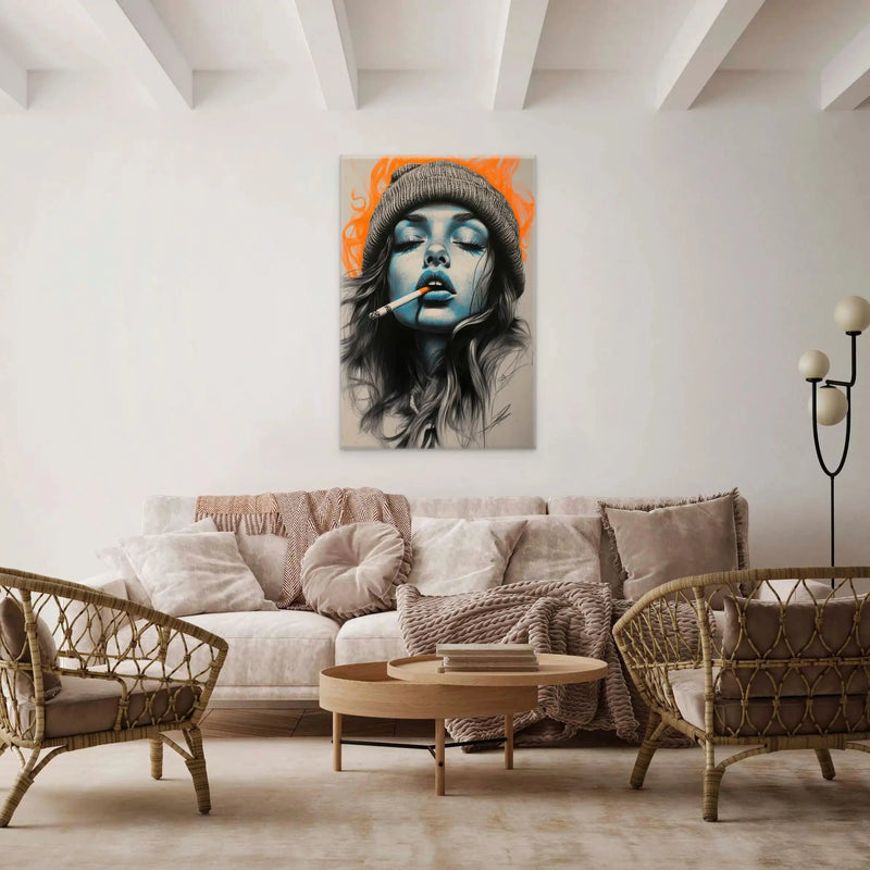 pretty woman toile street art portrait femme au bonnet cigarette visage bleu et orange contraste vibrant