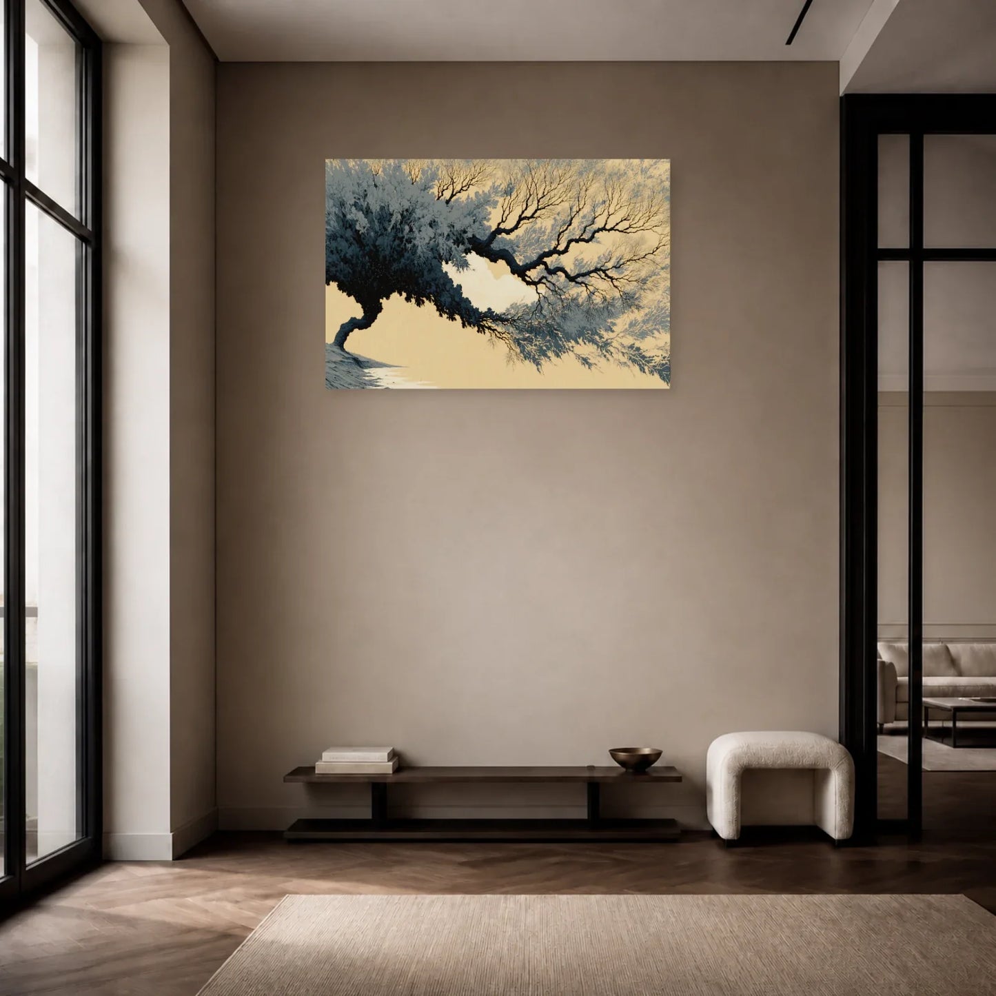 Tableau Arbre Noir et Beige Japonisant - Ramure d’Encre présenté dans une entrée minimaliste et claire