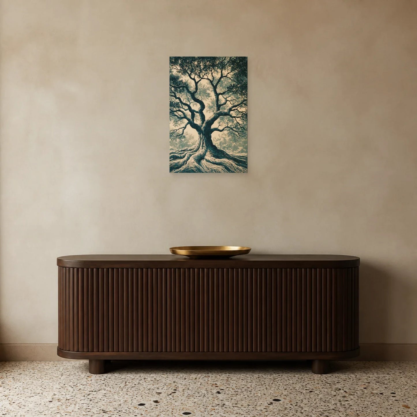 Tableau Arbre de Vie Linogravure présenté dans une entrée - Art Virtuoso
