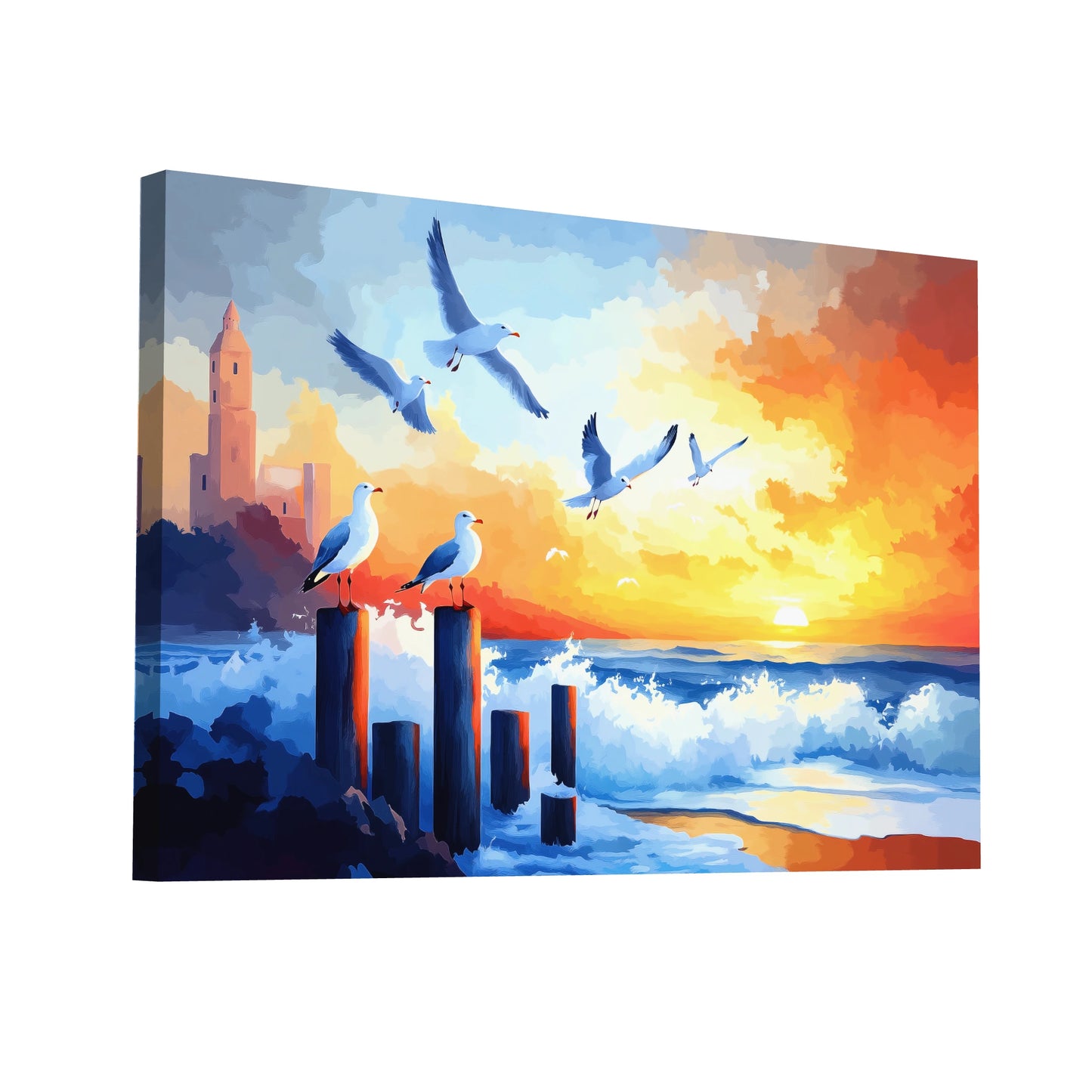 Product Hero 3D WebP Tableau avec Mouettes : Port au Soleil Couchant - Art Virtuoso