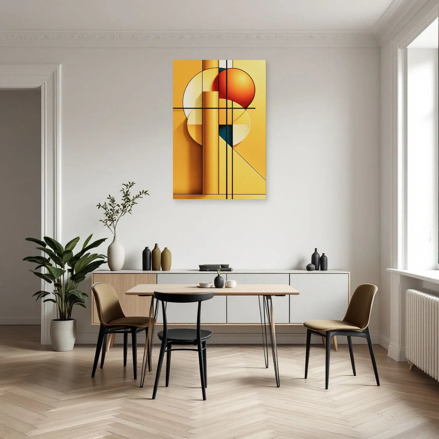Tableau géométrique jaune et orange dans une cuisine épurée Art Virtuoso