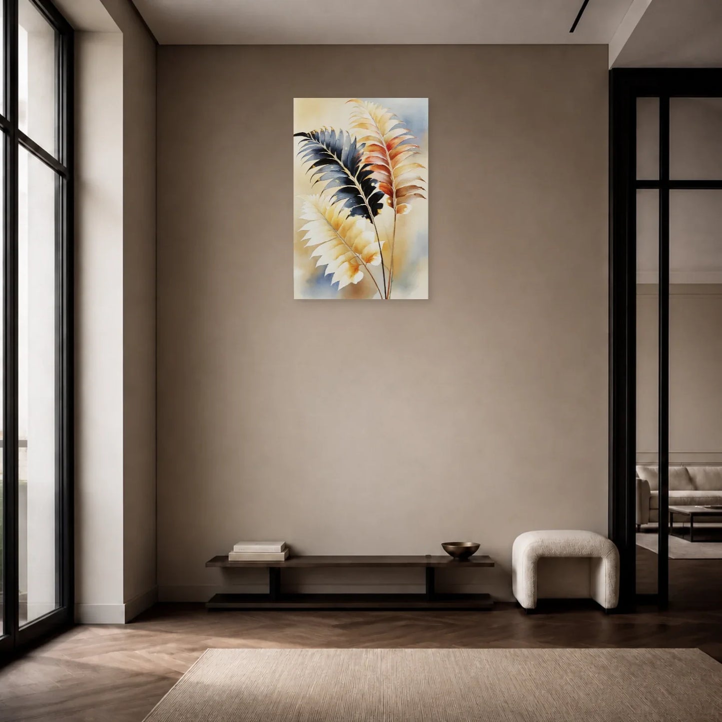 Tableau de Feuillage Tropical Beige et Marron - Frondes Nocturnes présenté dans une entrée avec console en bois