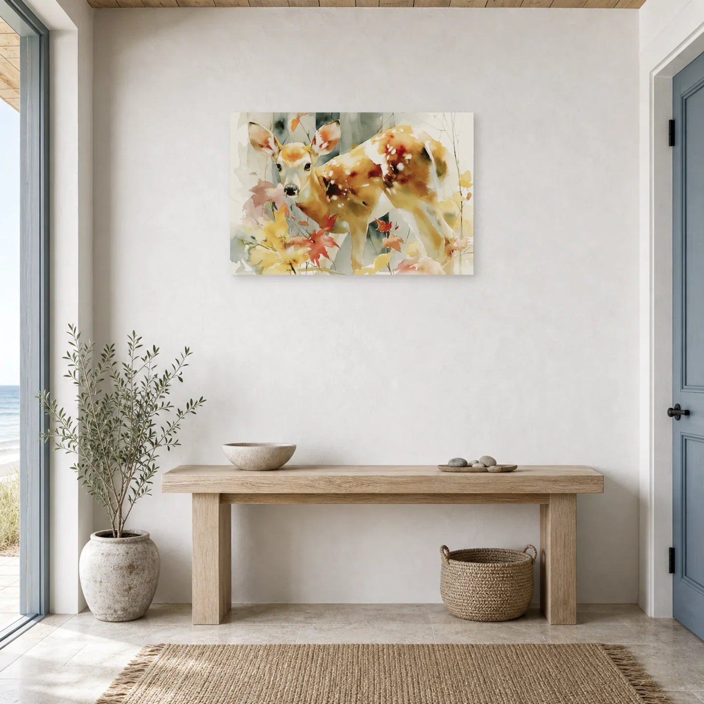 Tableau Biche Forêt Aquarelle - Douceur des Sous-Bois dans une entree ou un couloir - Art Virtuoso