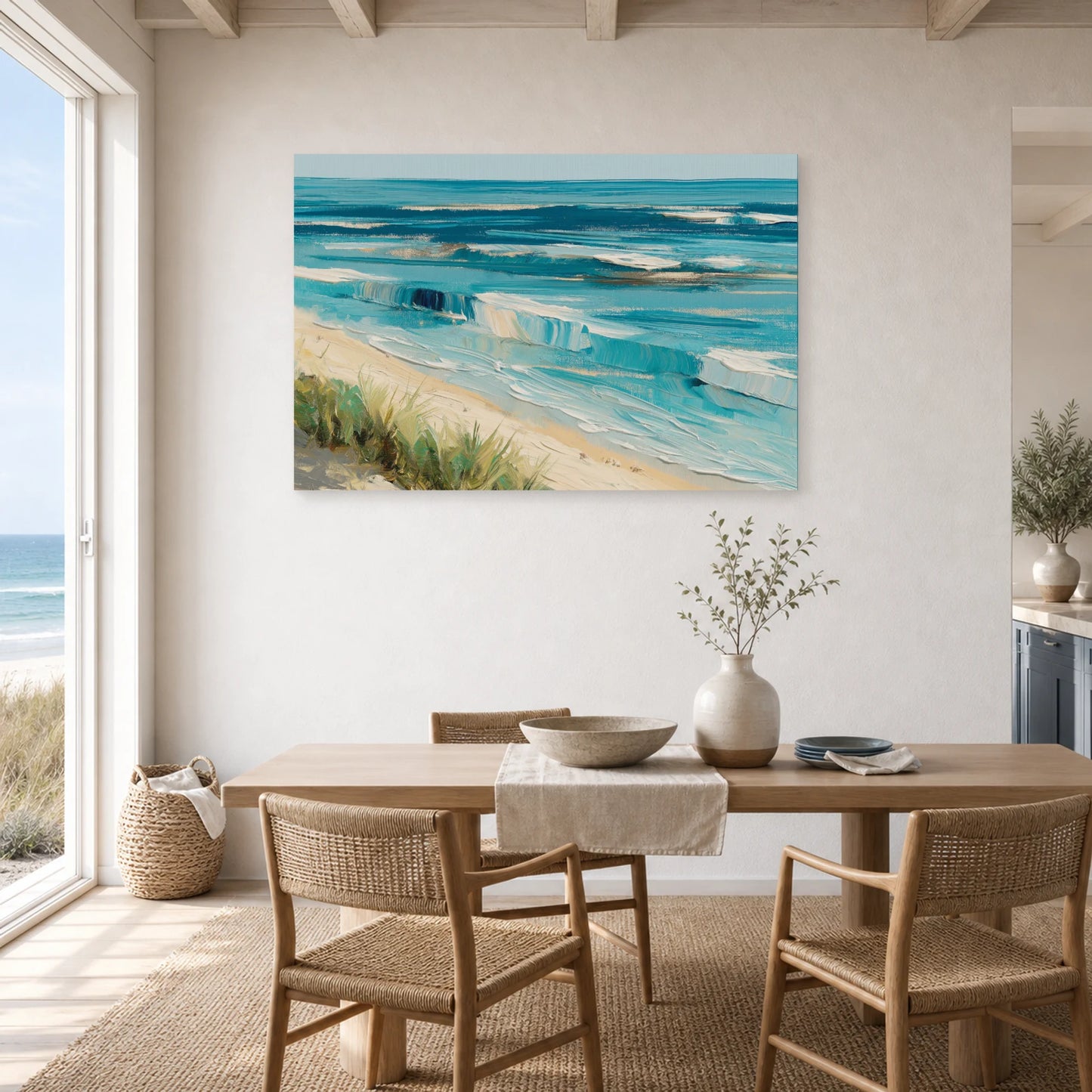 Tableau Bord De Mer Moderne Lignes Bleues dans une cuisine - Art Virtuoso