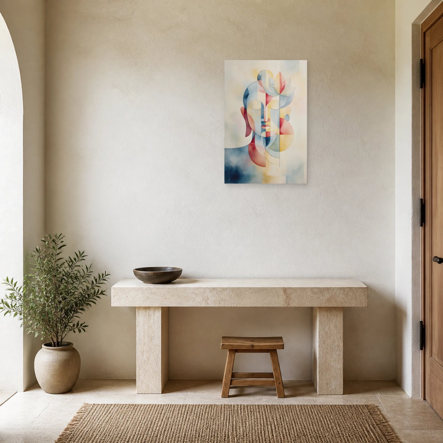 Mockup WebP Tableau Bouddha Minimaliste Flat Scandinave dans une entree ou un couloir - Art Virtuoso