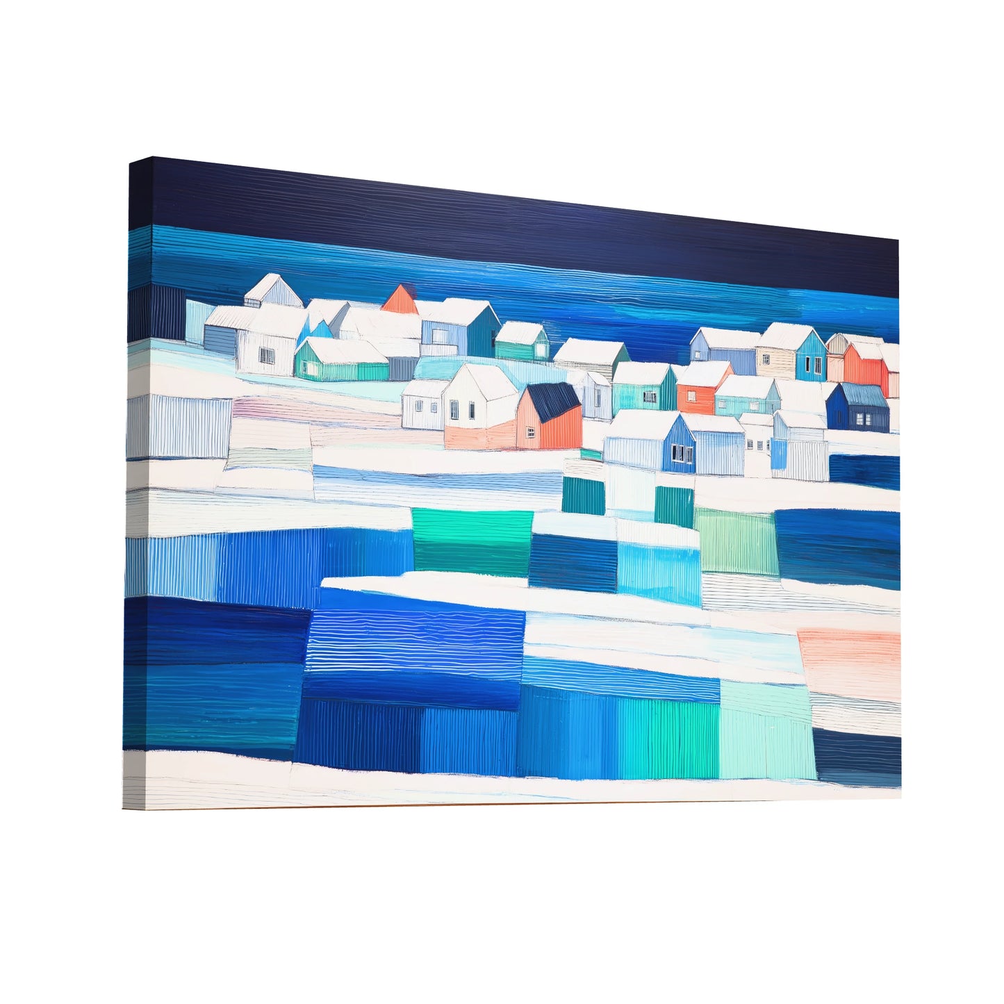 Product Hero 3D WebP Tableau Bourg Scandinave graphique – cabanes au bord du fjord - Art Virtuoso