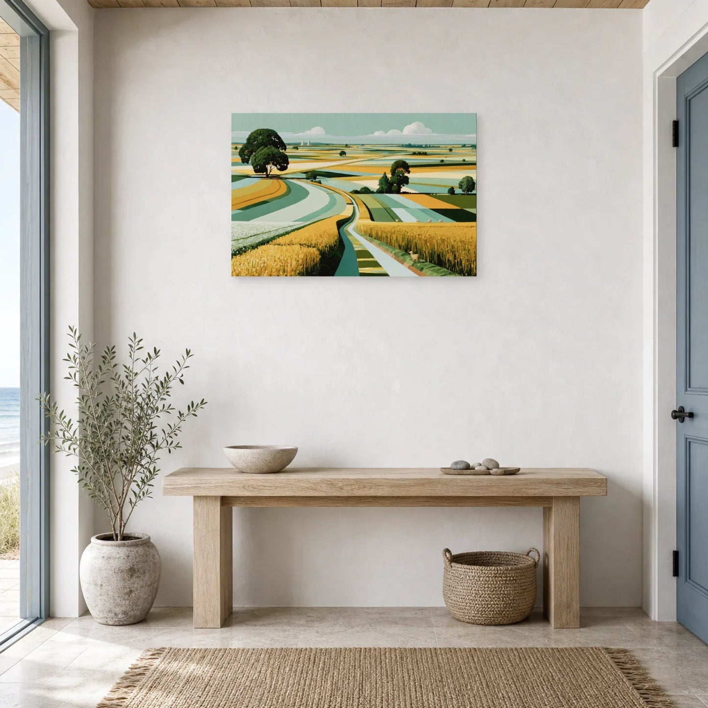 Tableau Champêtre Toile Moderne - Patchwork de Campagne dans une entree ou un couloir - Art Virtuoso