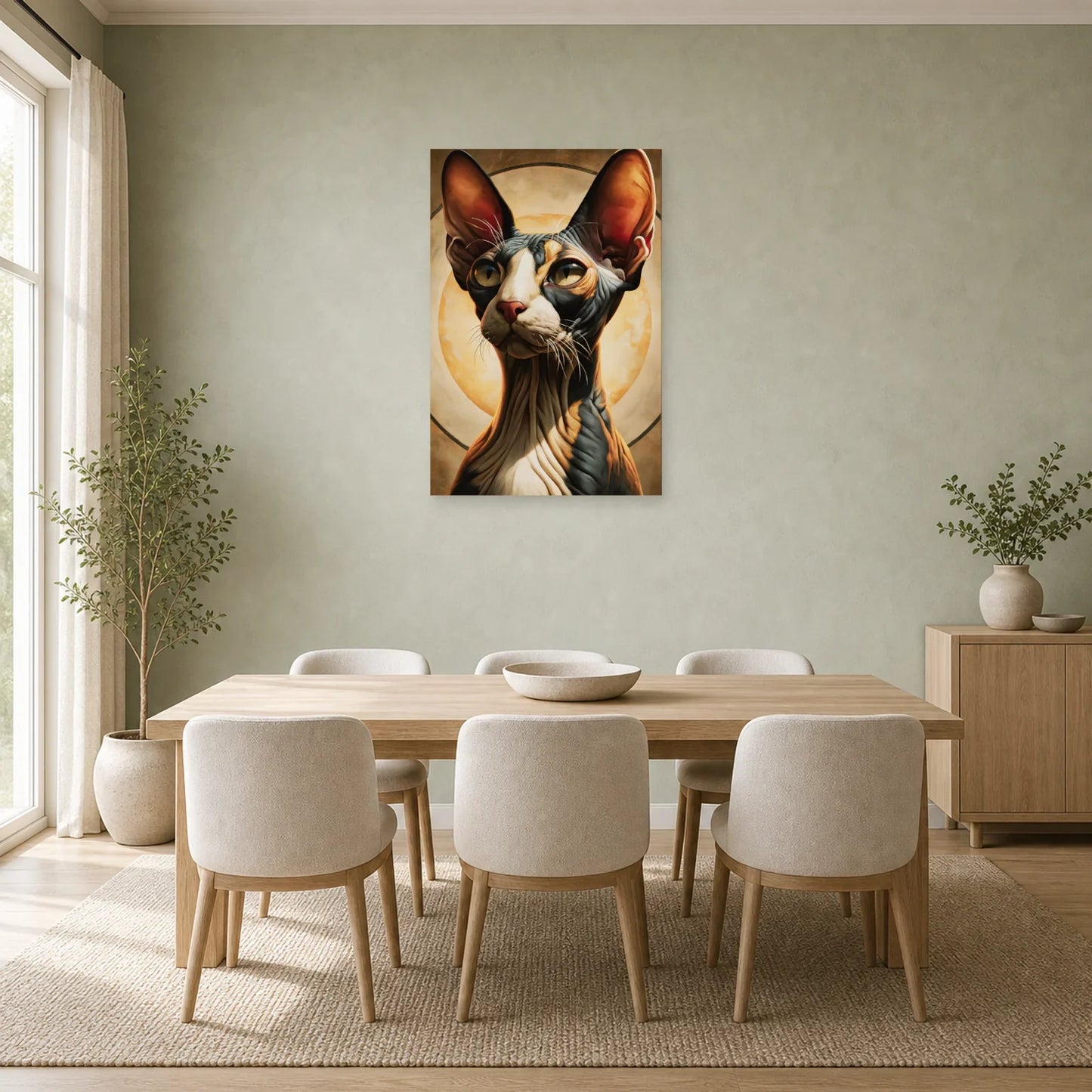 Tableau Chat Sphynx - Icône Sable dans une salle à manger - Art Virtuoso