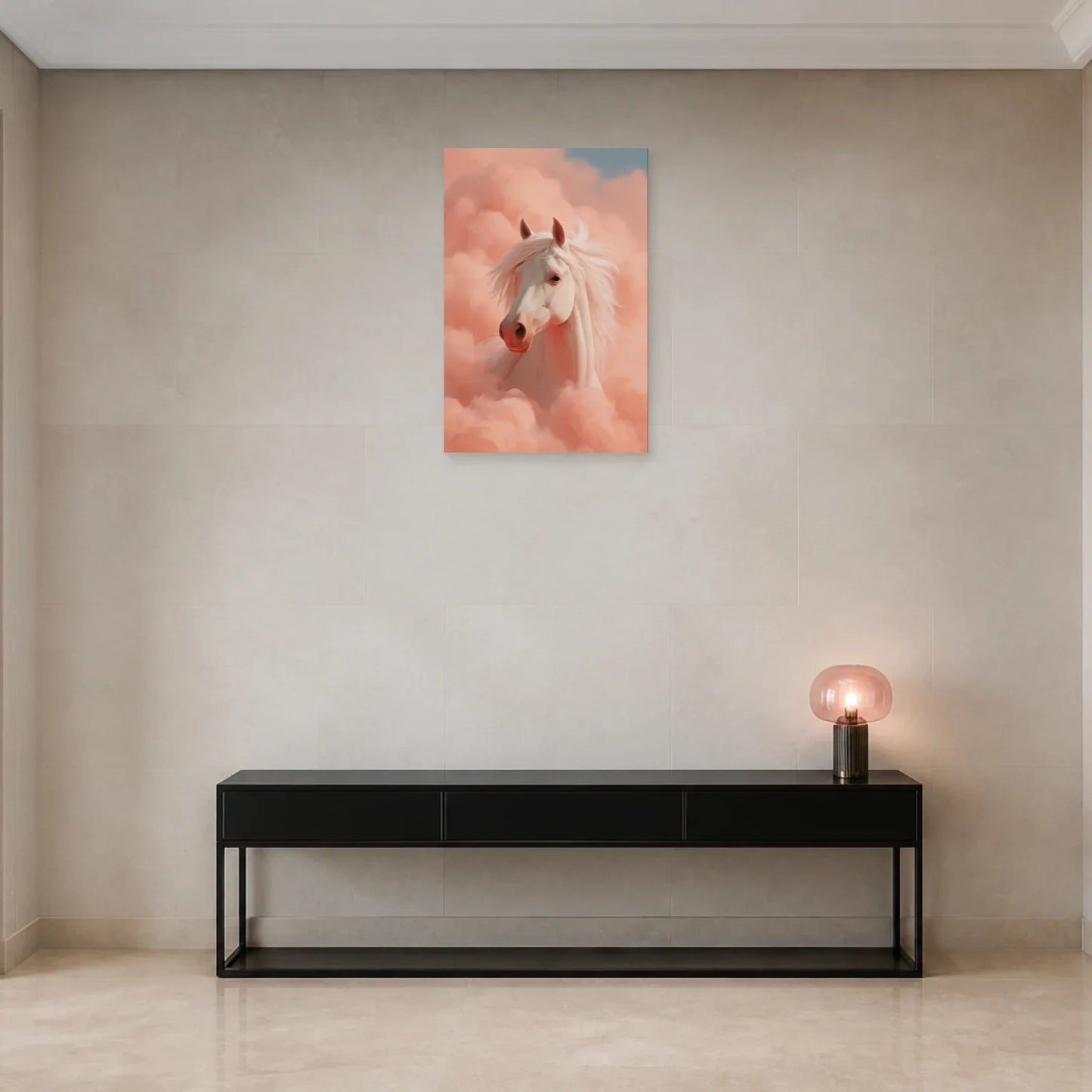 Tableau Cheval Univers Rose présenté dans une entrée - Art Virtuoso