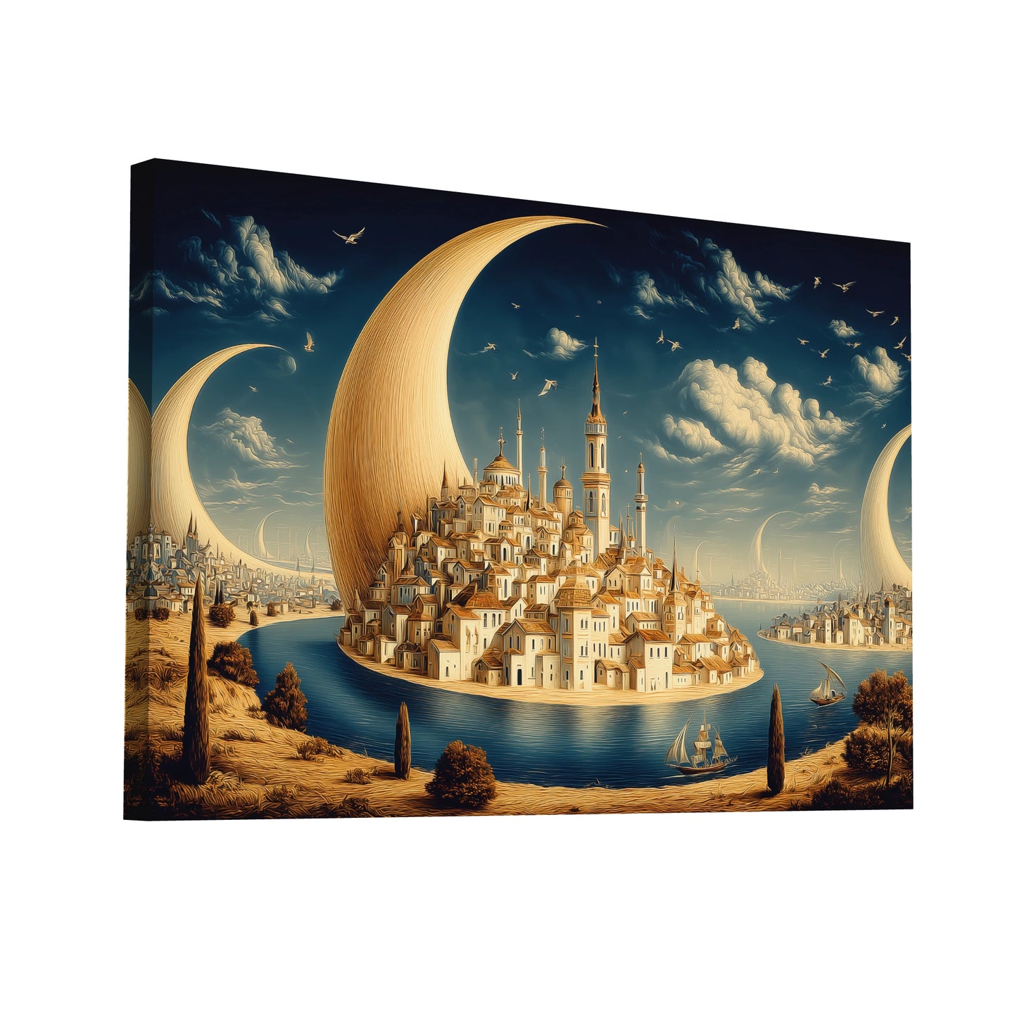 Product Hero 3D WebP Tableau Cité des Croissants de Lune – Ville surréaliste sur l’eau - Art Virtuoso