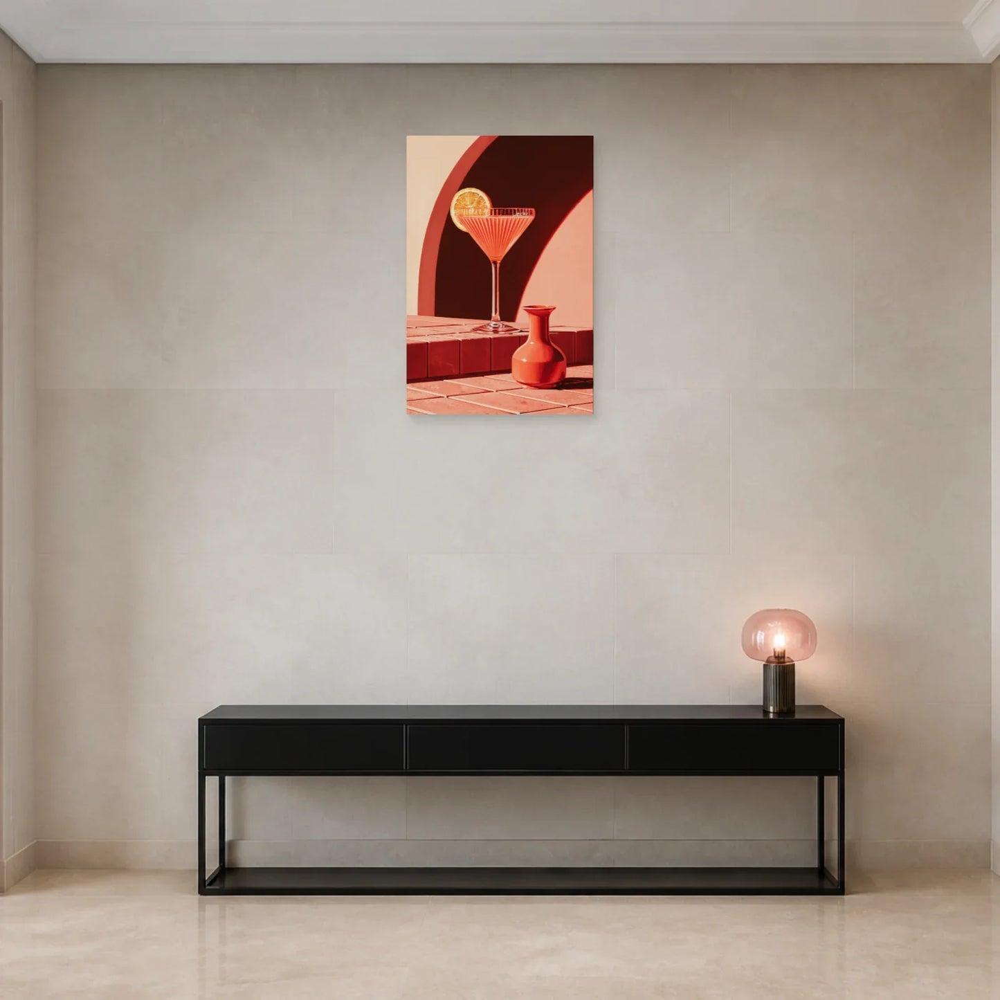 Tableau Cocktail Rose Rétro présenté dans une entrée - Art Virtuoso