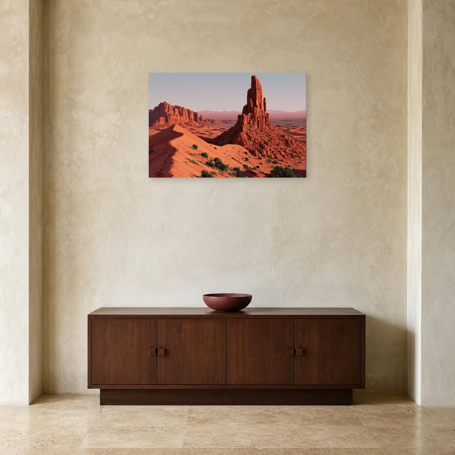 Tableau paysage désertique rouge présenté dans une entrée
