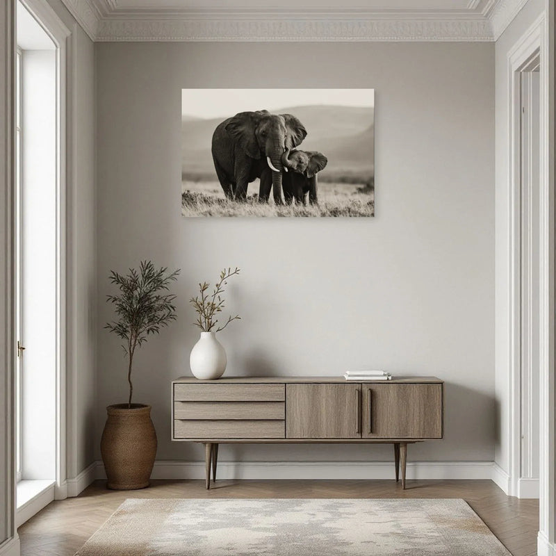 Black-and-white elephant and calf landscape canvas print