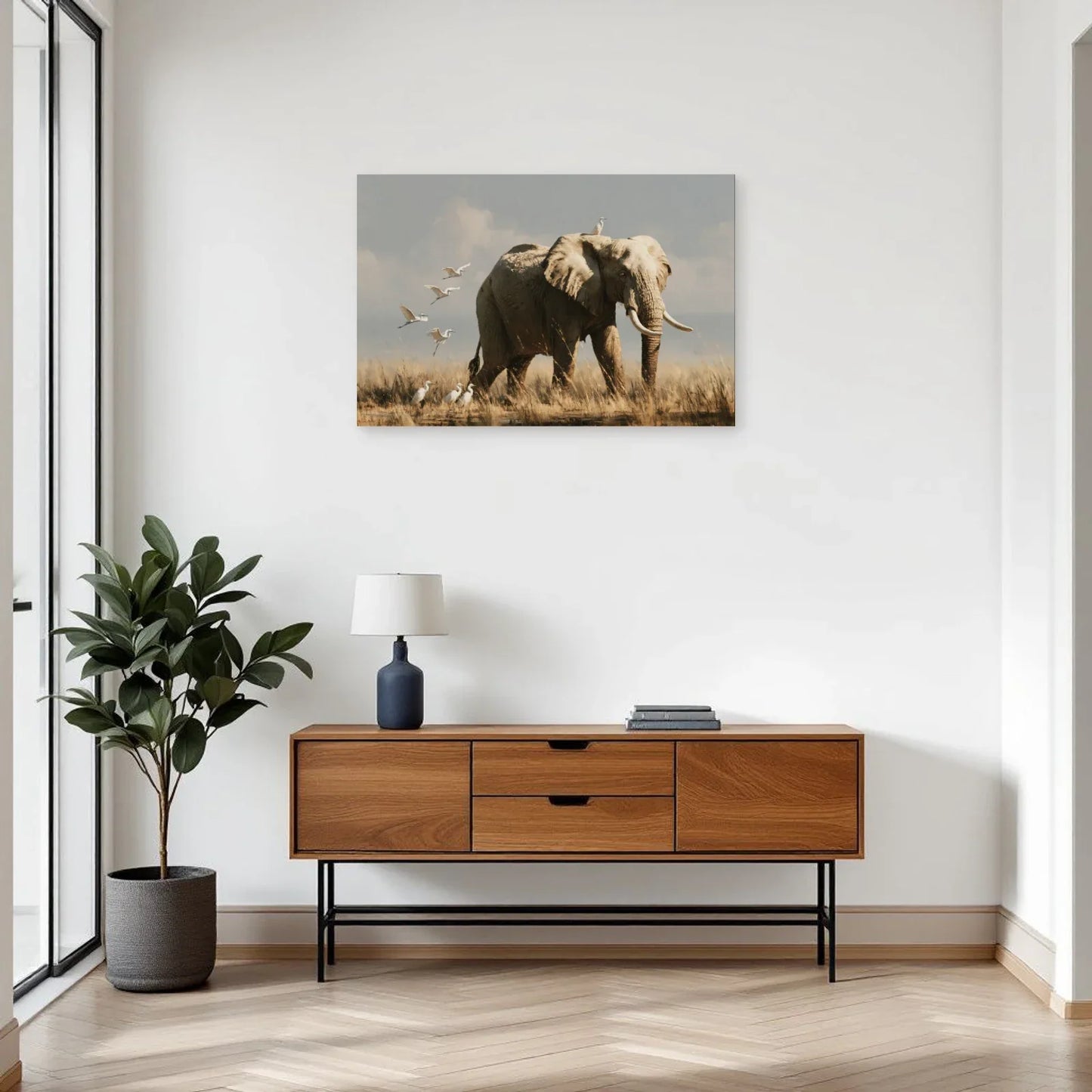 Tableau Éléphant Oiseaux dans une entrée ou un couloir - Art Virtuoso
