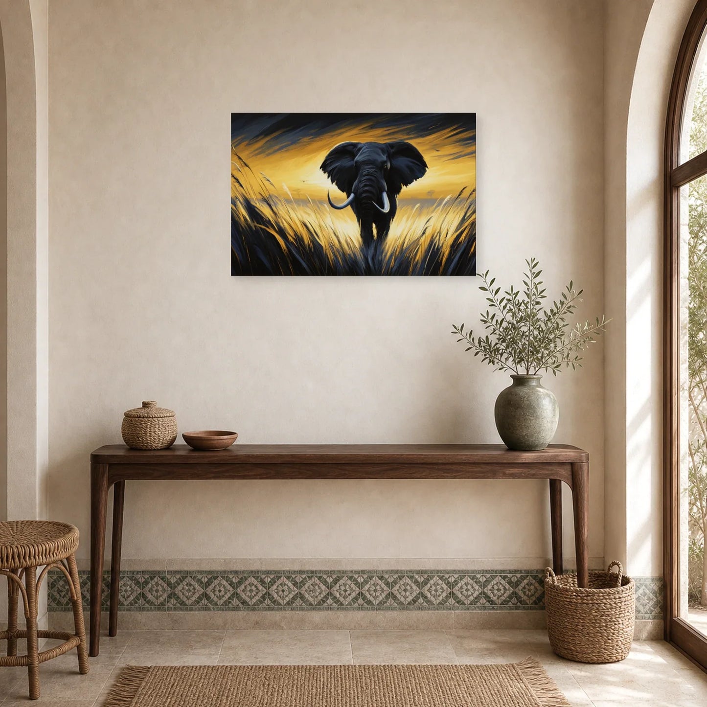 Tableau Éléphant Savane Coucher Soleil - Marche d Or dans une entree ou un couloir - Art Virtuoso