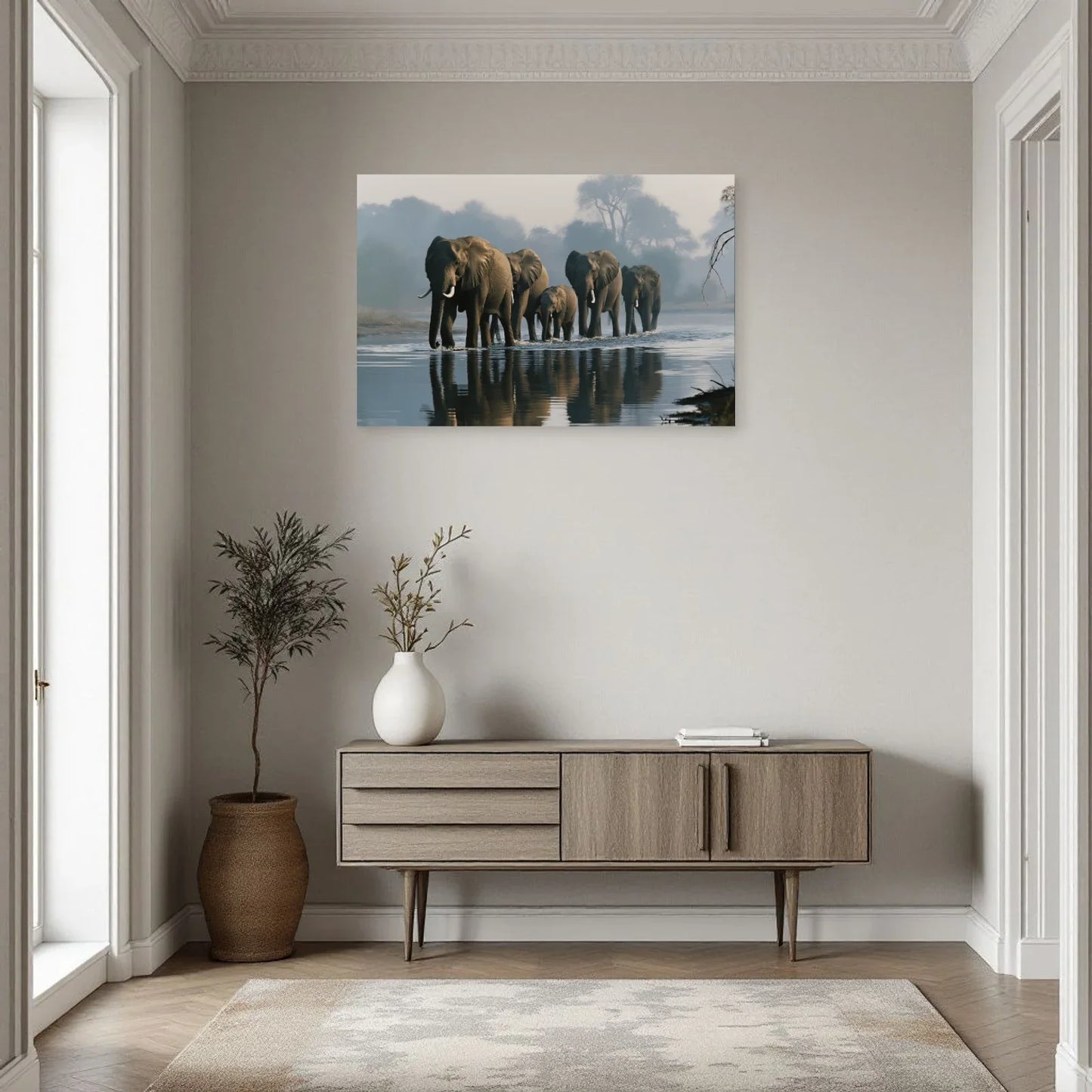 Tableau Éléphants Traversée Riviere dans une entrée ou un couloir - Art Virtuoso