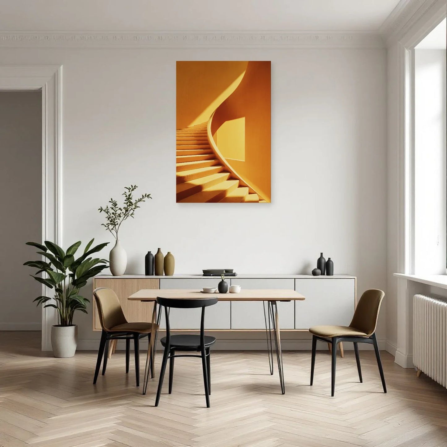 Composition verticale jaune aux marches courbes présentée dans une cuisine moderne par Art Virtuoso