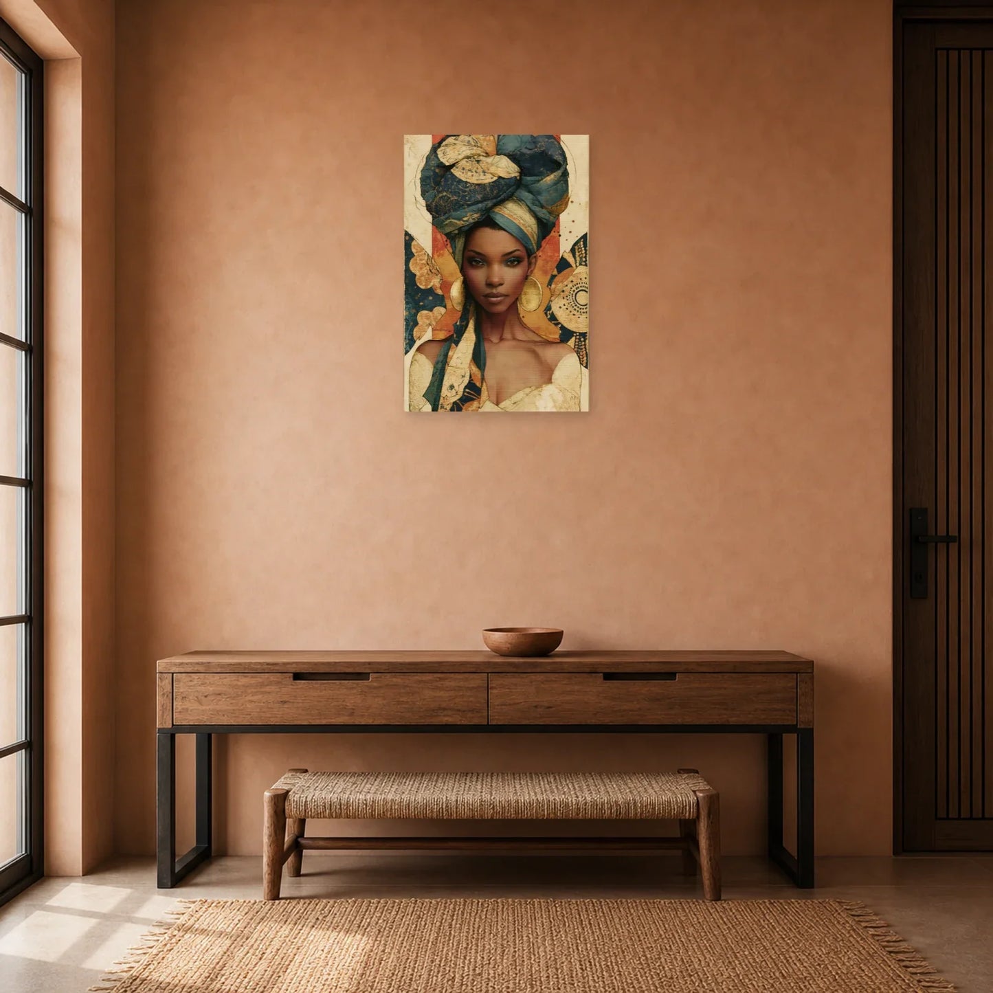 Tableau Femme Africaine Wax Terracotta dans une entrée ou un couloir - Art Virtuoso