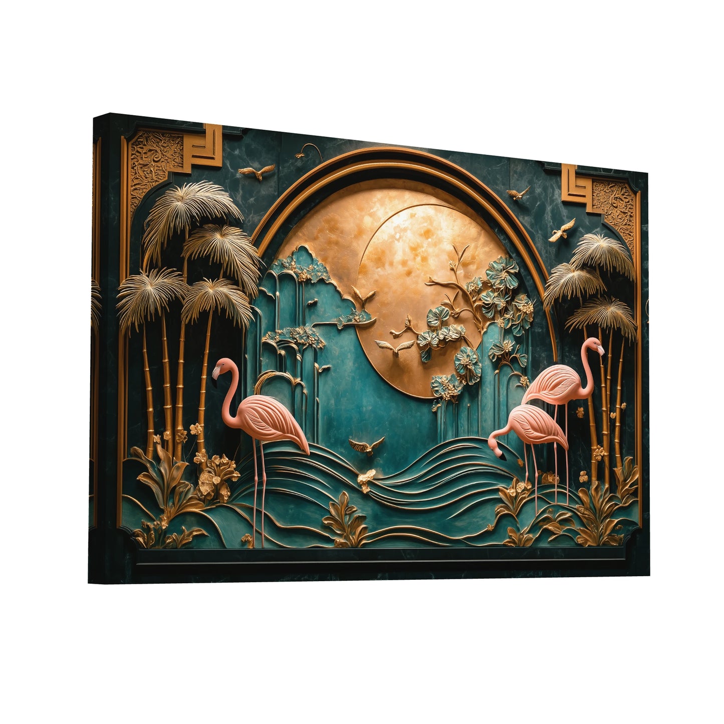 Product Hero 3D WebP Tableau Flamant Rose Décoration : Oasis Art Déco - Art Virtuoso