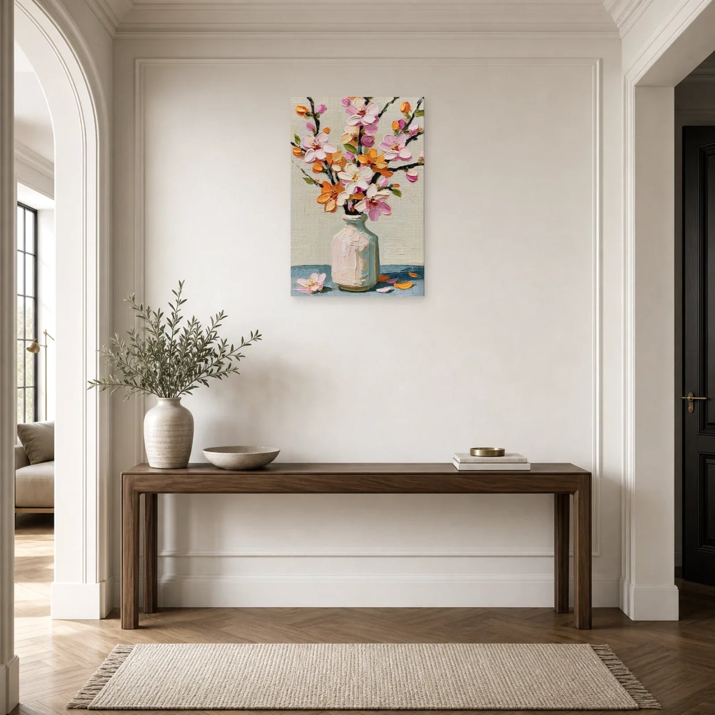 Tableau Fleurs Vase Clair Peinture - Branche de Printemps dans une entree ou un couloir - Art Virtuoso