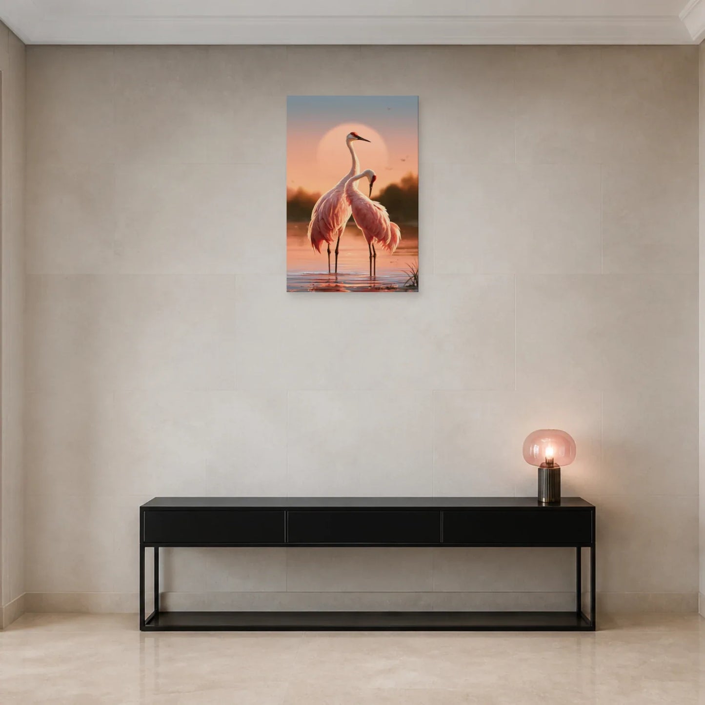 Tableau Japonais Rose aux Grues présenté dans une entrée - Art Virtuoso