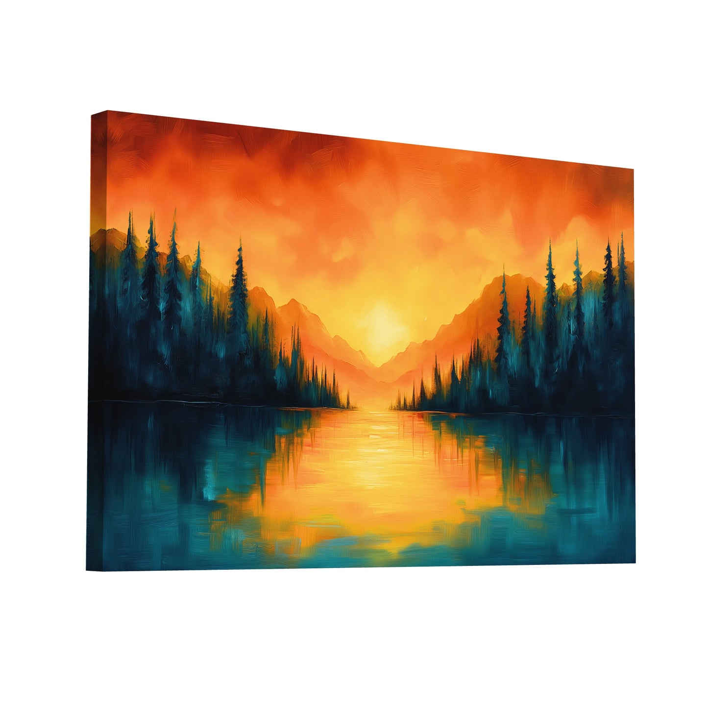 Product Hero 3D WebP Tableau Jaune et Bleu Canard : Crépuscule sur le Lac - Art Virtuoso