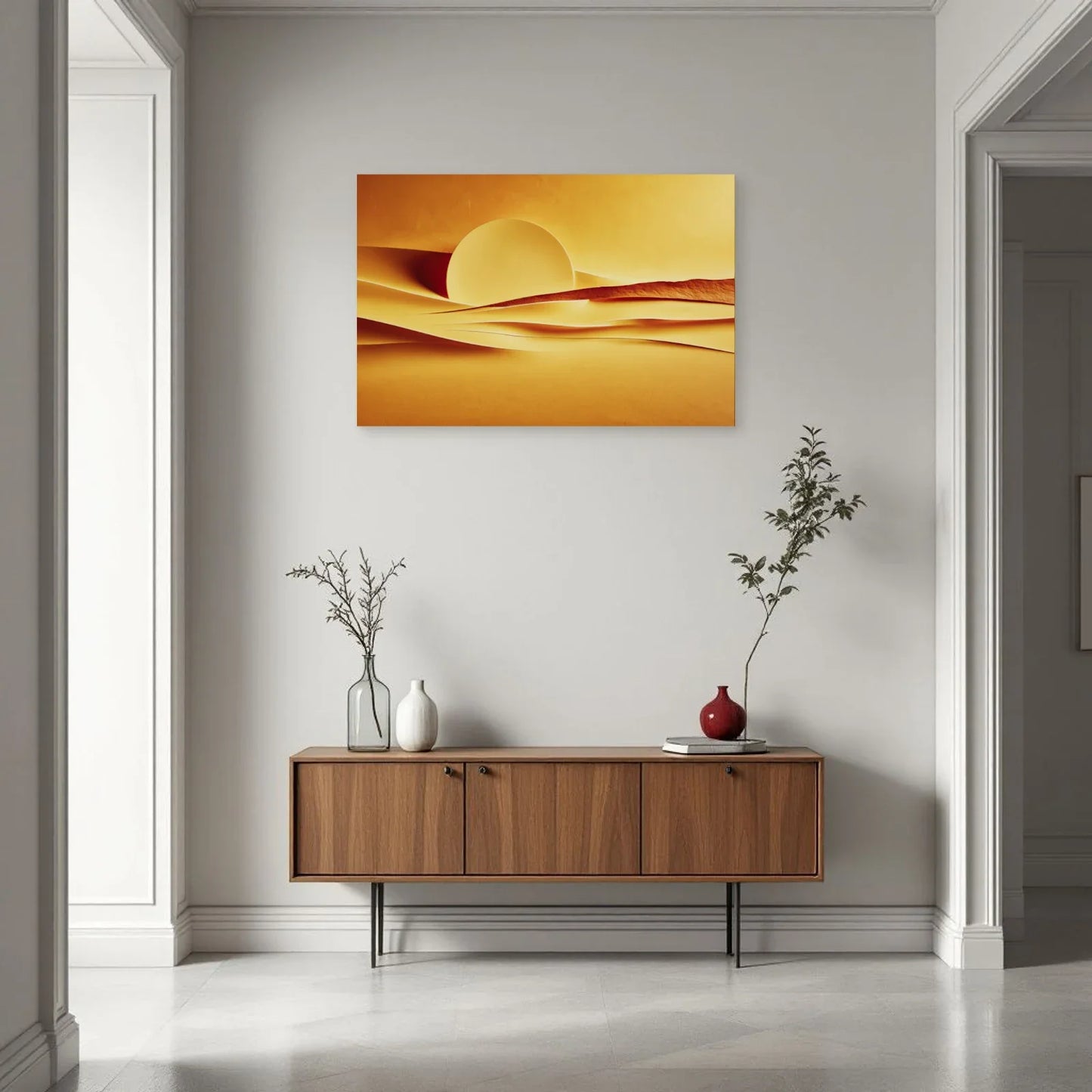 Tableau panoramique d'horizon jaune présenté dans une entrée moderne par Art Virtuoso