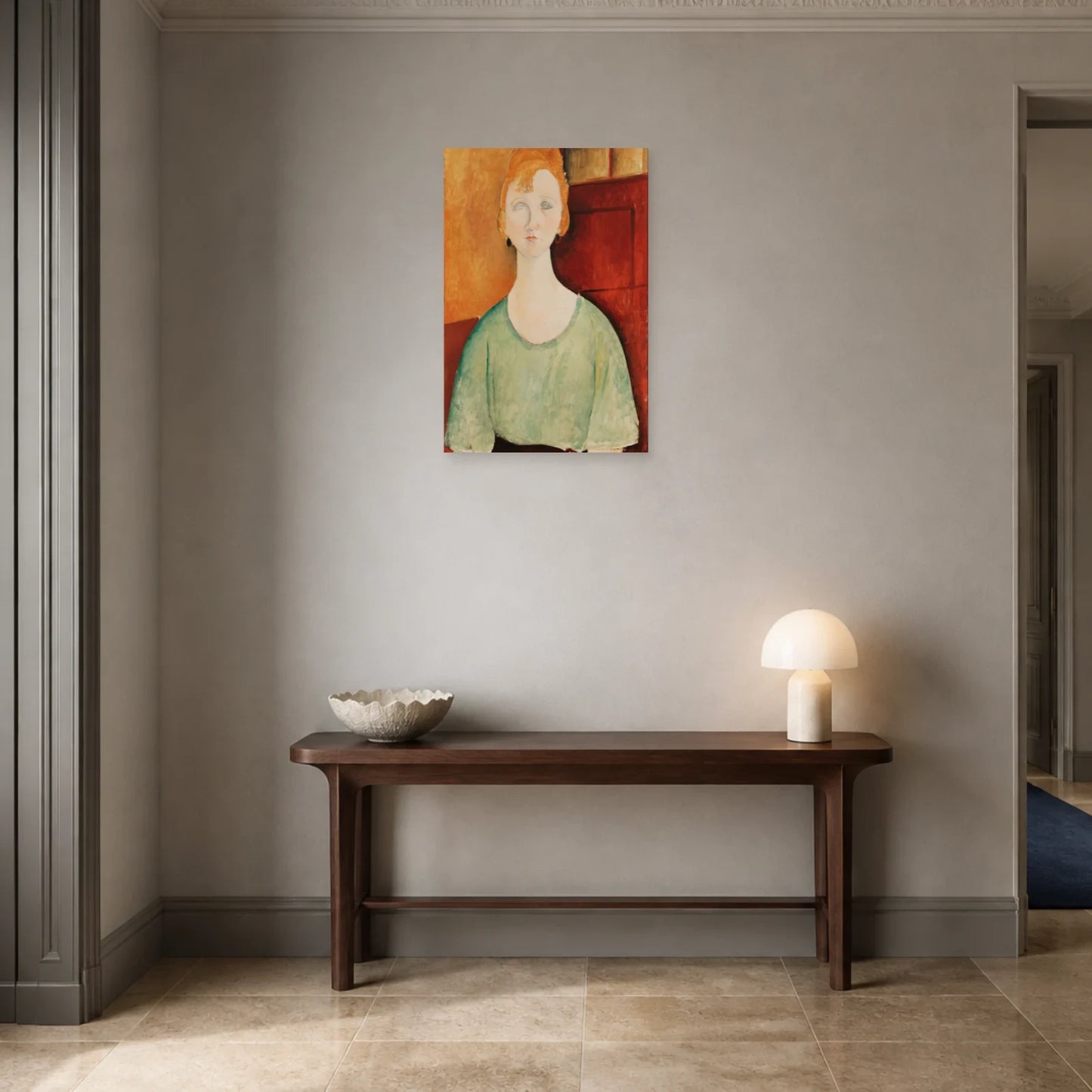 Tableau Jeune fille au chemisier vert – Amedeo Modigliani dans une entrée ou un couloir - Art Virtuoso