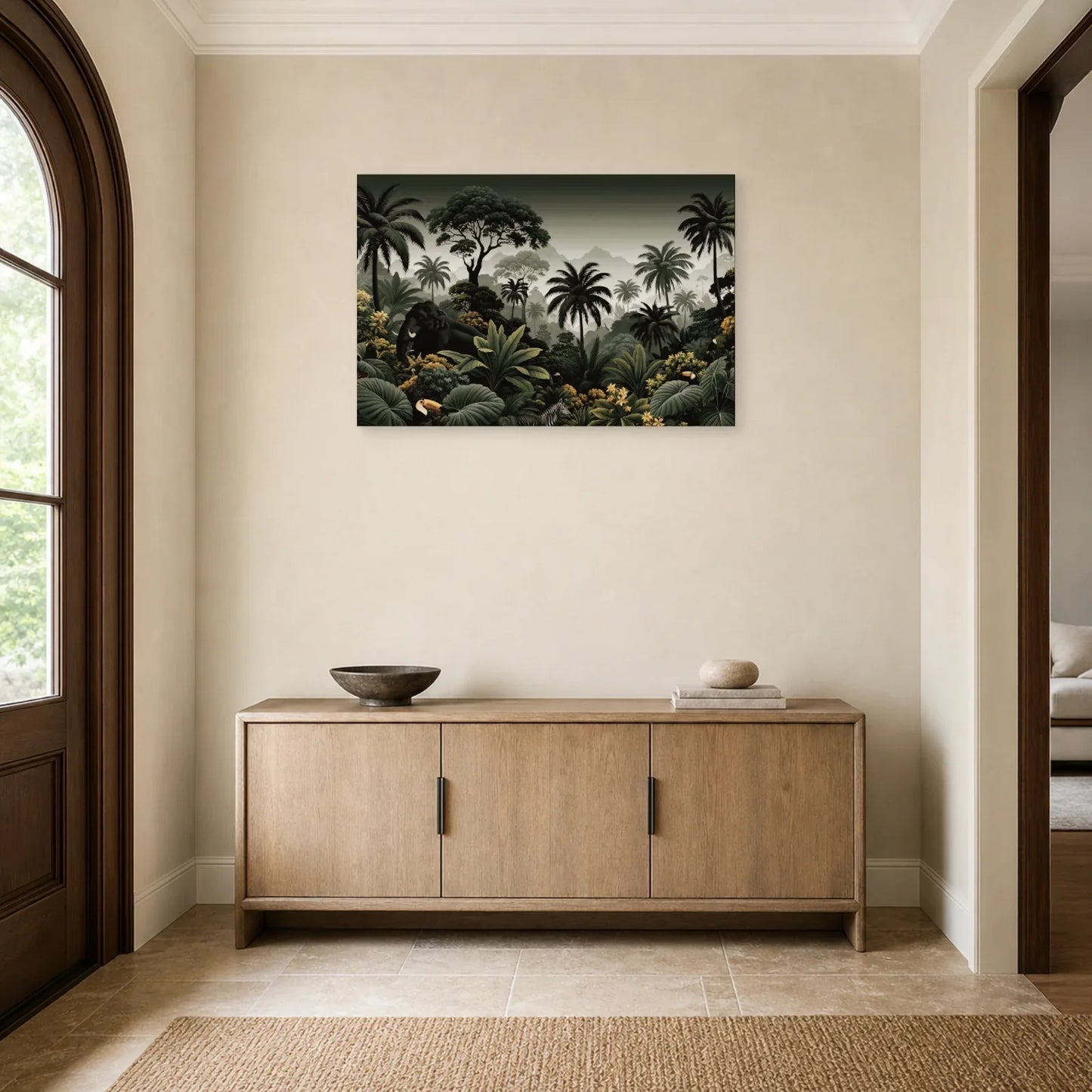 Tableau Jungle Noir et Blanc Animaux dans une entree ou un couloir decore